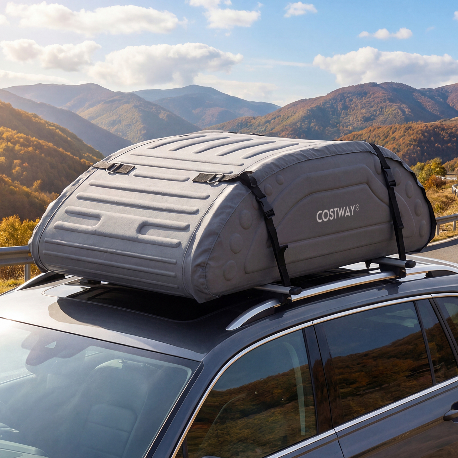 Dach-Box mit 425 Liter Kapazität Wetterbeständiger Dachkoffer mit Soft-Shell Verkleidung Grau
