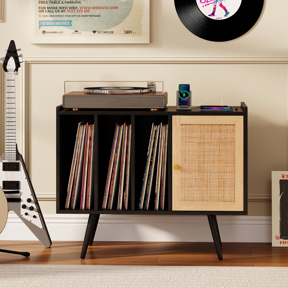 Rattan Plattenspieler-Ständer mit Ladestation Vinyl Schallplattenspieler Tisch für 220 Schallplatten Schwarz