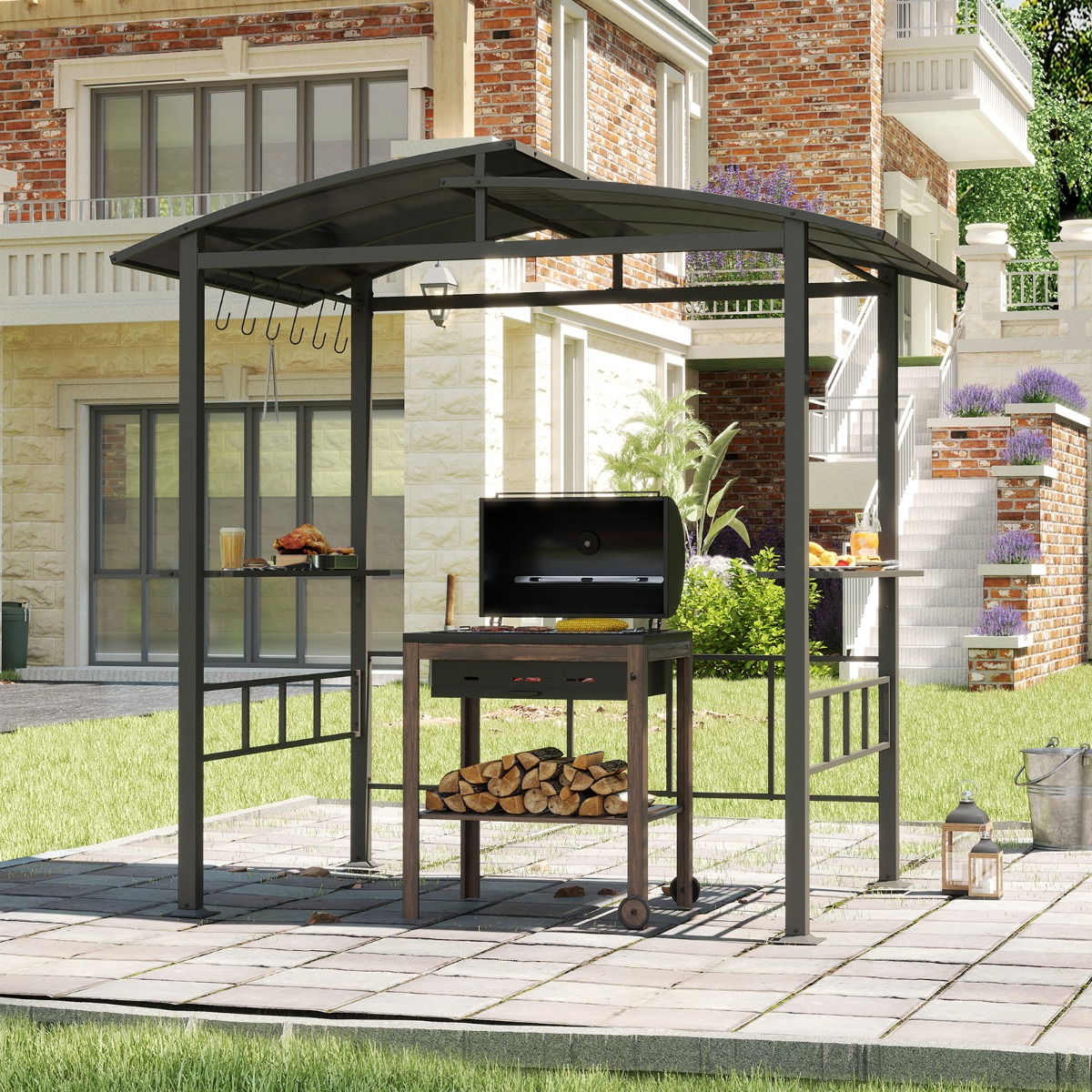 Grillpavillon Outdoor Grillüberdachung mit Seitenregalen Überdachung für Grill Gartenpavillon metall 248 x 150 x 232 cm Schwarz