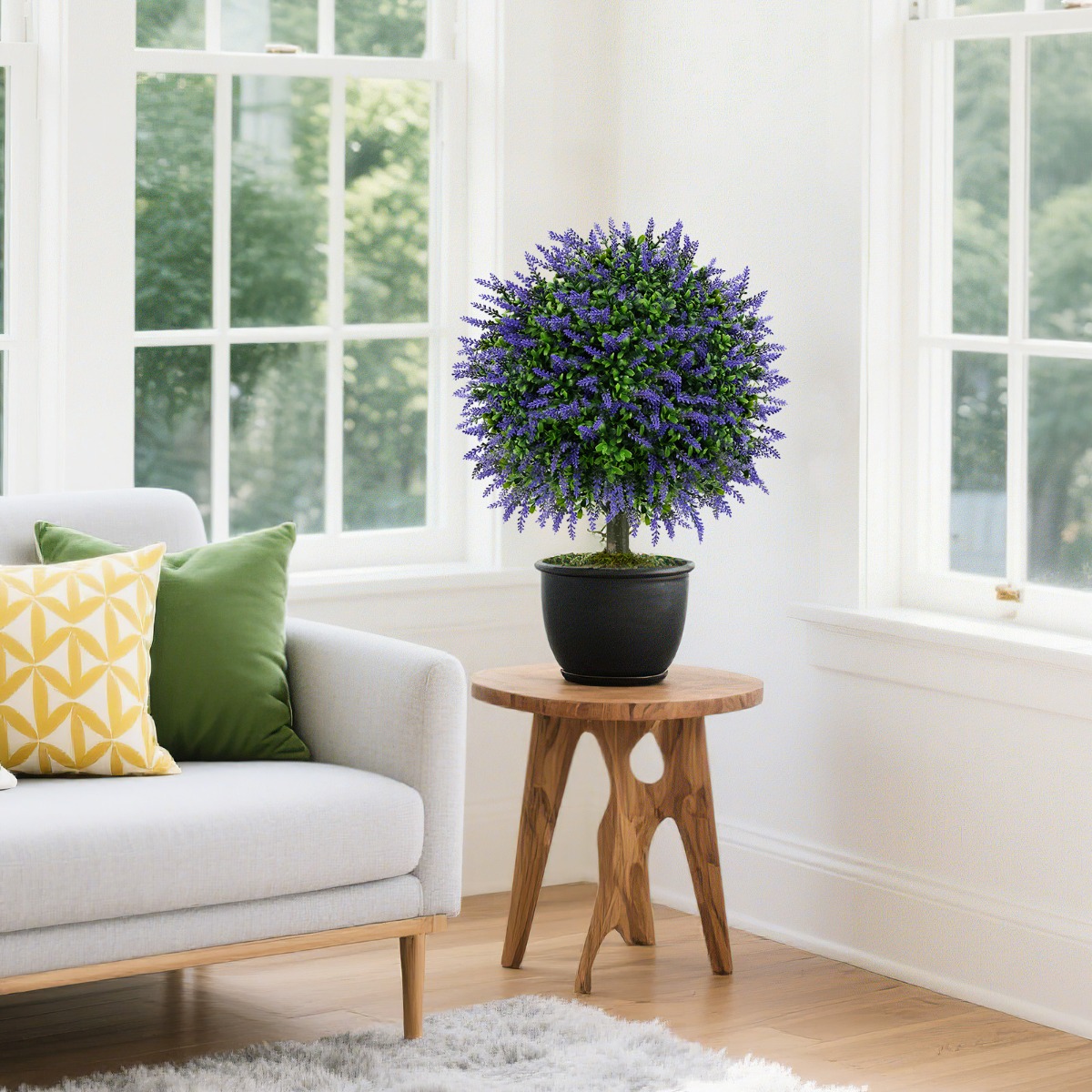 2er Kunstpflanze mit Lavendelbäume in Lila & Blättern Buchsbaum Kunstbaum mit Topf 58cm