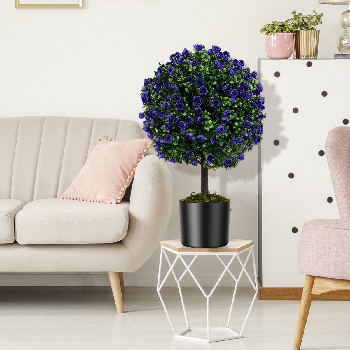 2er Kunstpflanze mit Blättern & Rosenblüten in Lila Buchsbaum mit Topf Kunstbaum 55cm