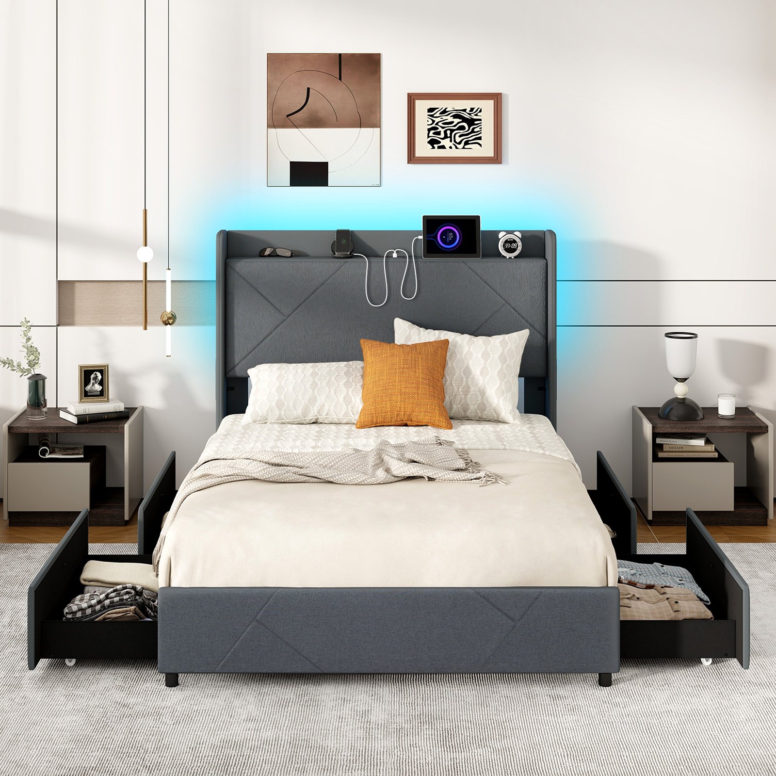 Doppelbettgestell inkl. LED-Leuchten gepolstertes Plattformbett mit Ladestation 2 Aufbewahrungstaschen & 4 Schubladen Grau (200 x 140 cm)