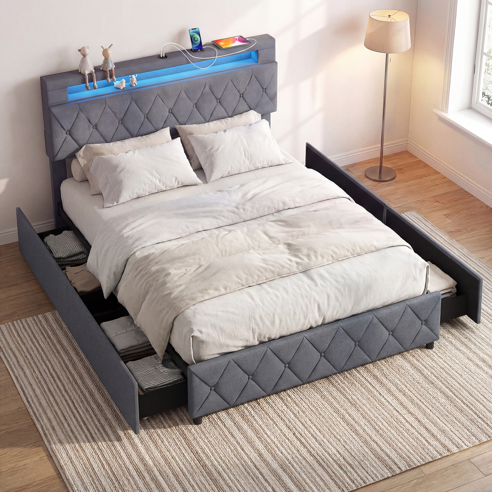 Doppelbettgestell mit LED-Leuchten & USB-Anschlüssen Modernes Plattformbett 140 x 200 cm Grau