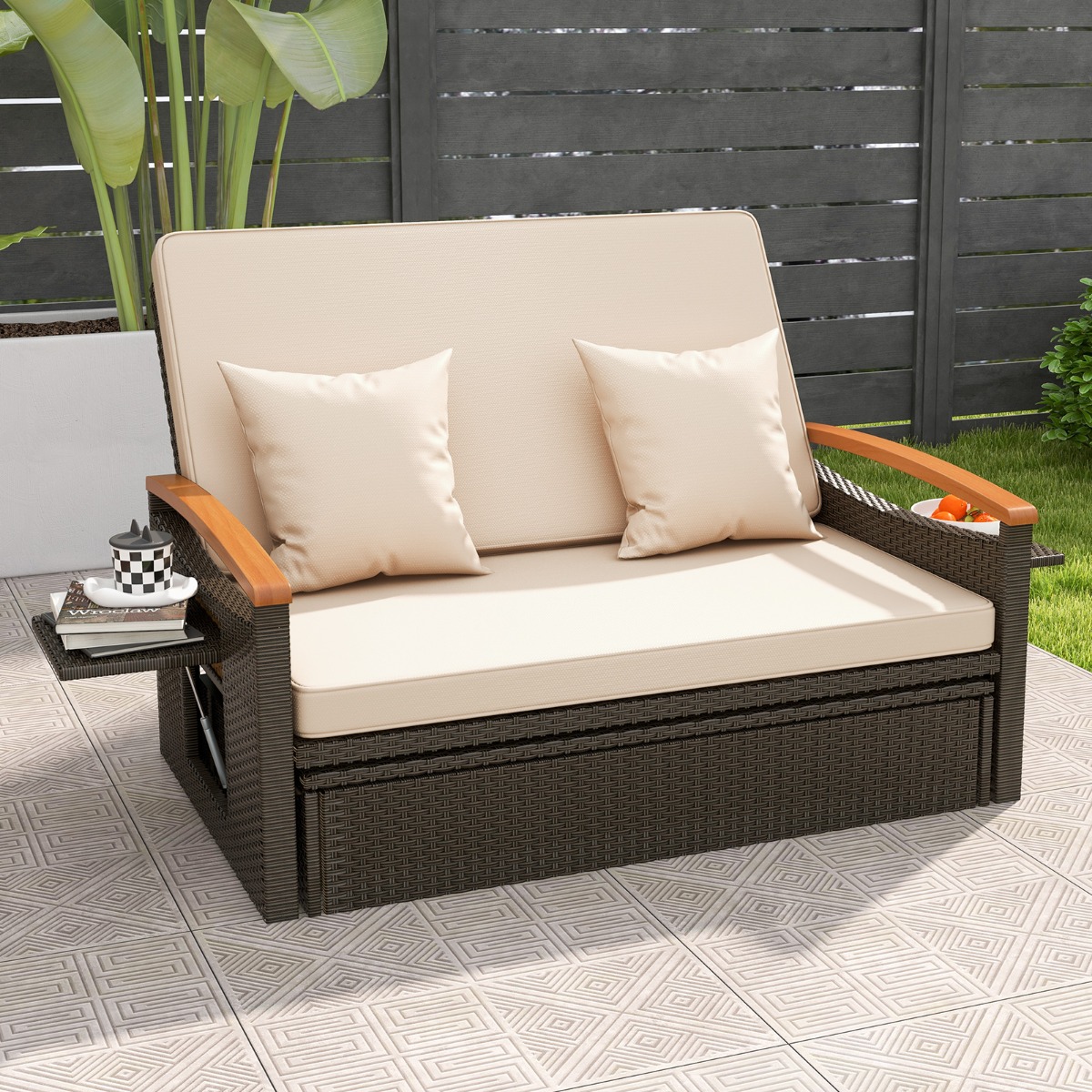 3 in 1 Garten Doppelliege Tagesbett Rattan Gartensofa mit 4-stufig Verstellbarer Rückenlehne