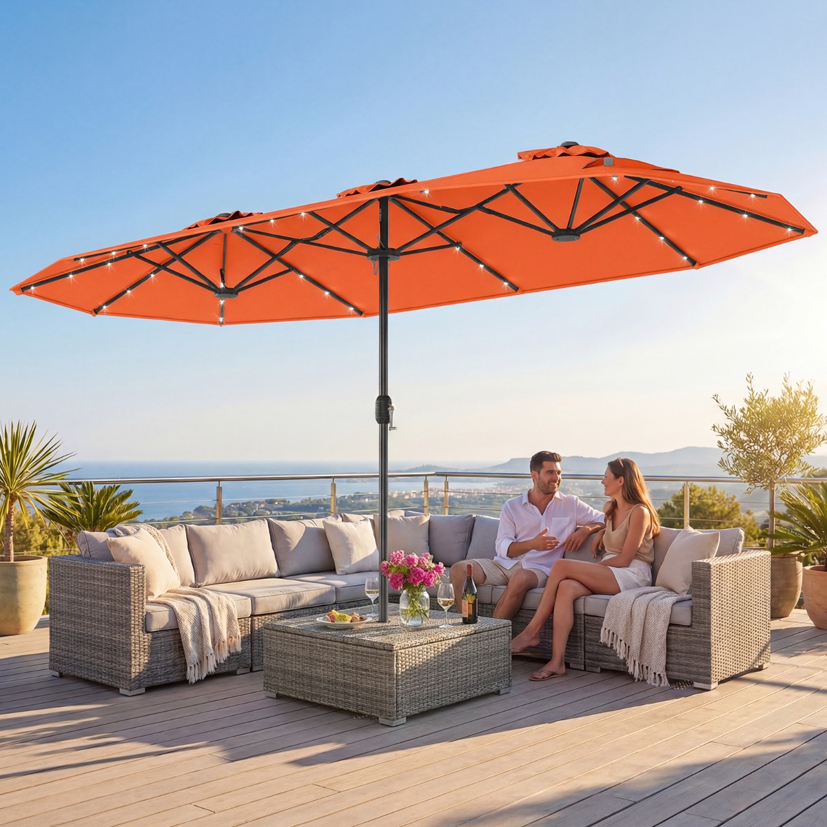 Doppelsonnenschirm mit Ständer & LED-Leuchten & UPF 50+ Sonnenschirm Gartenschirm Orange