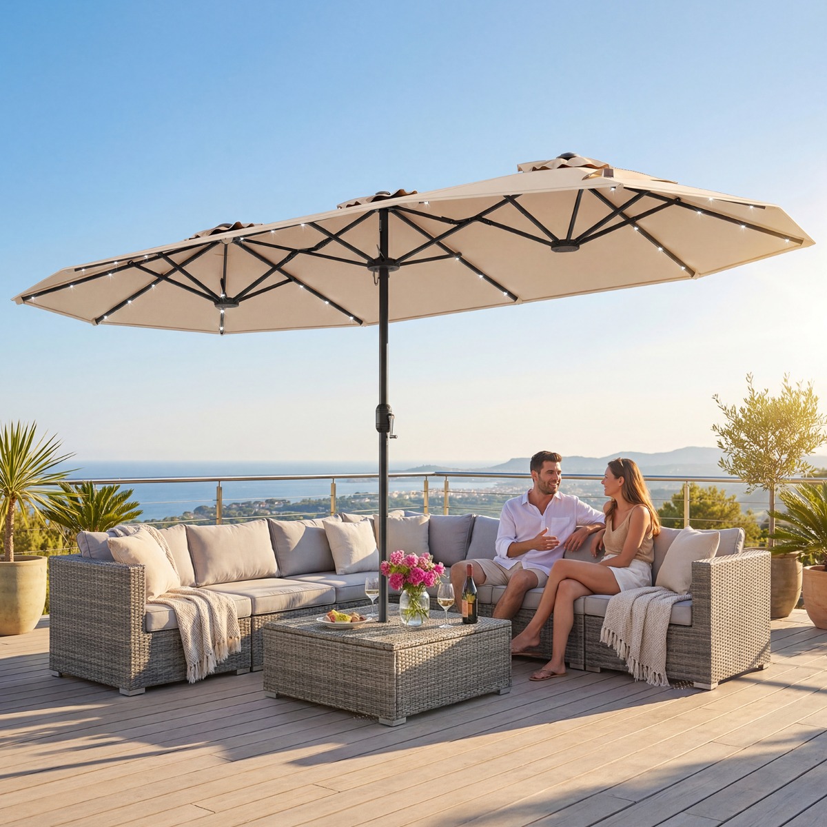 Doppelsonnenschirm mit Ständer & LED-Leuchten & UPF 50+ Sonnenschirm Gartenschirm Beige