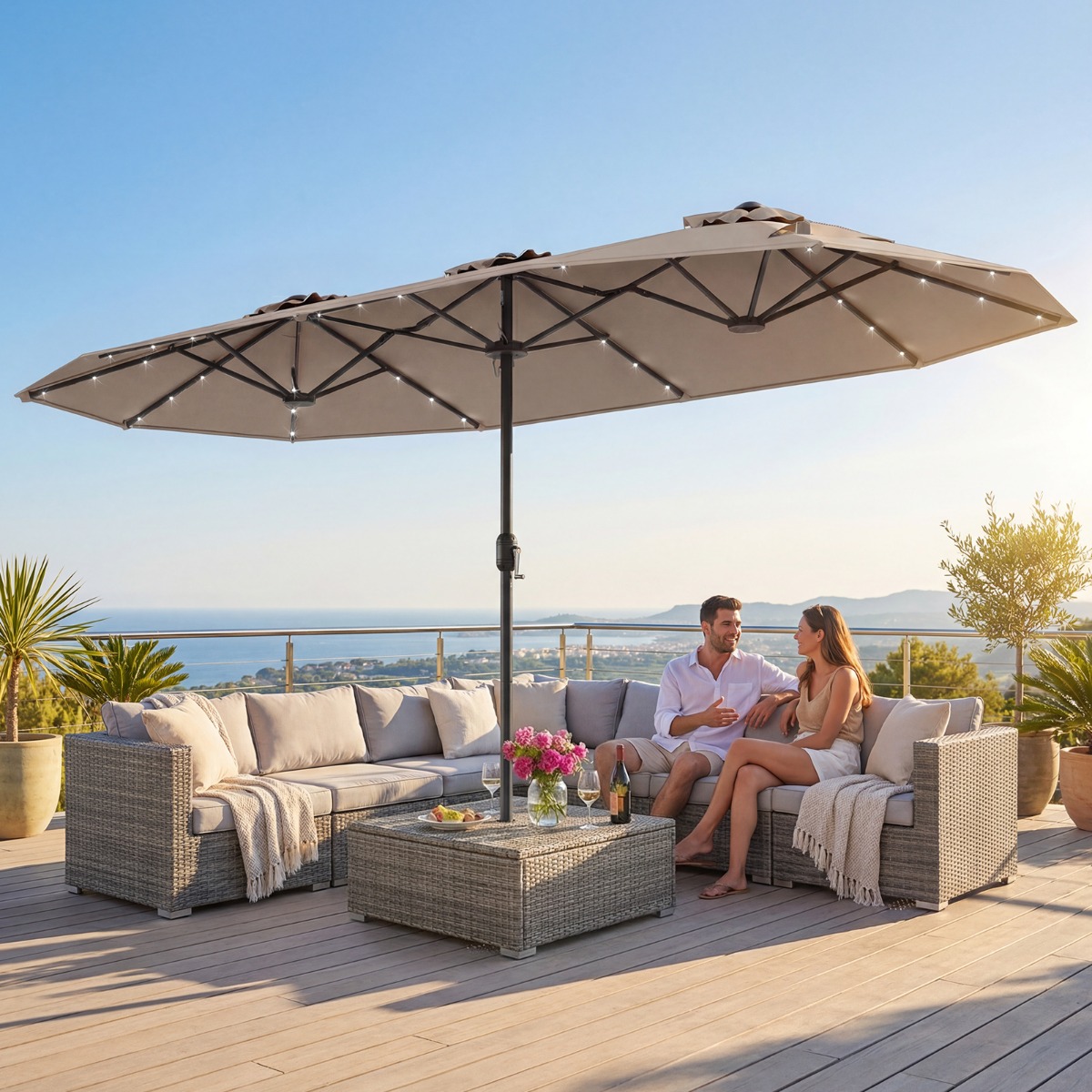 Doppelsonnenschirm mit Ständer & LED-Leuchten & UPF 50+ Sonnenschirm Gartenschirm Braun