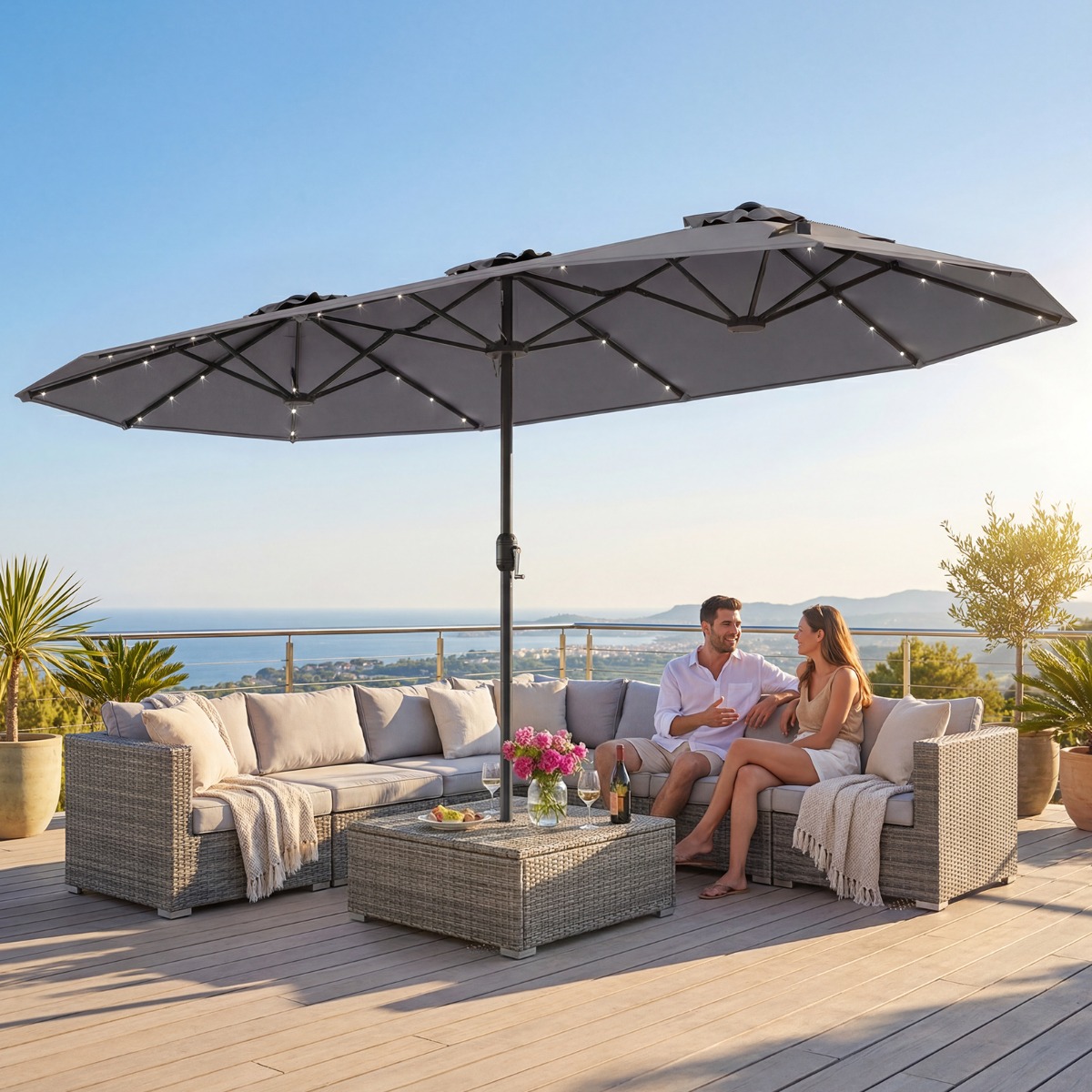 Doppelsonnenschirm mit Ständer & LED-Leuchten & UPF 50+ Sonnenschirm Gartenschirm Grau