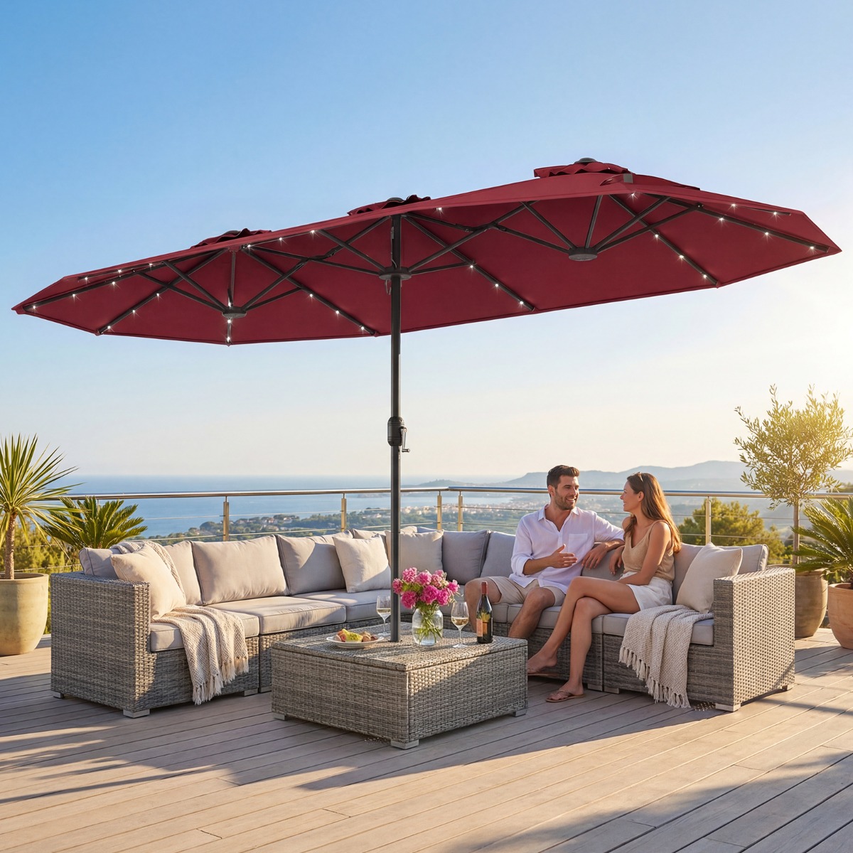 Doppelsonnenschirm mit Ständer & LED-Leuchten & UPF 50+ Sonnenschirm Gartenschirm Weinrot