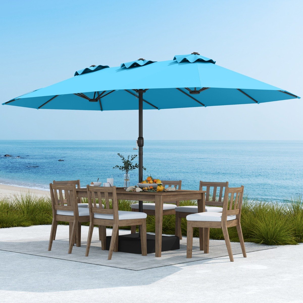 Doppelsonnenschirm mit Ständer mit UPF 50+ & Kurbel Sonnenschirm Gartenschirm Terrassenschirm Türkis