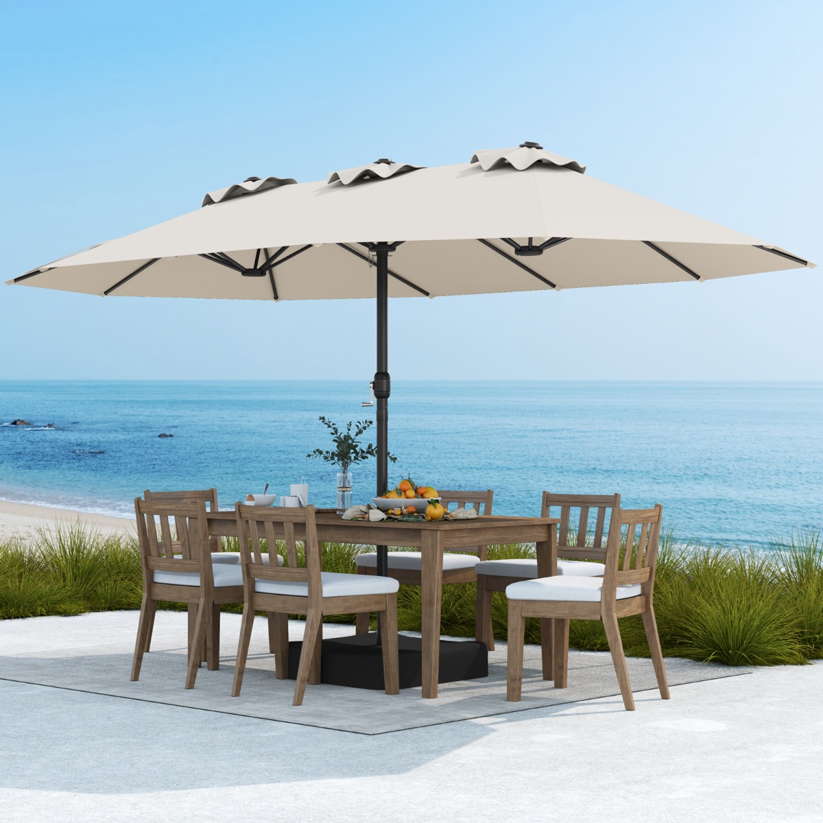 Doppelsonnenschirm mit Ständer mit UPF 50+ &amp; Kurbel Sonnenschirm Gartenschirm Terrassenschirm Beige