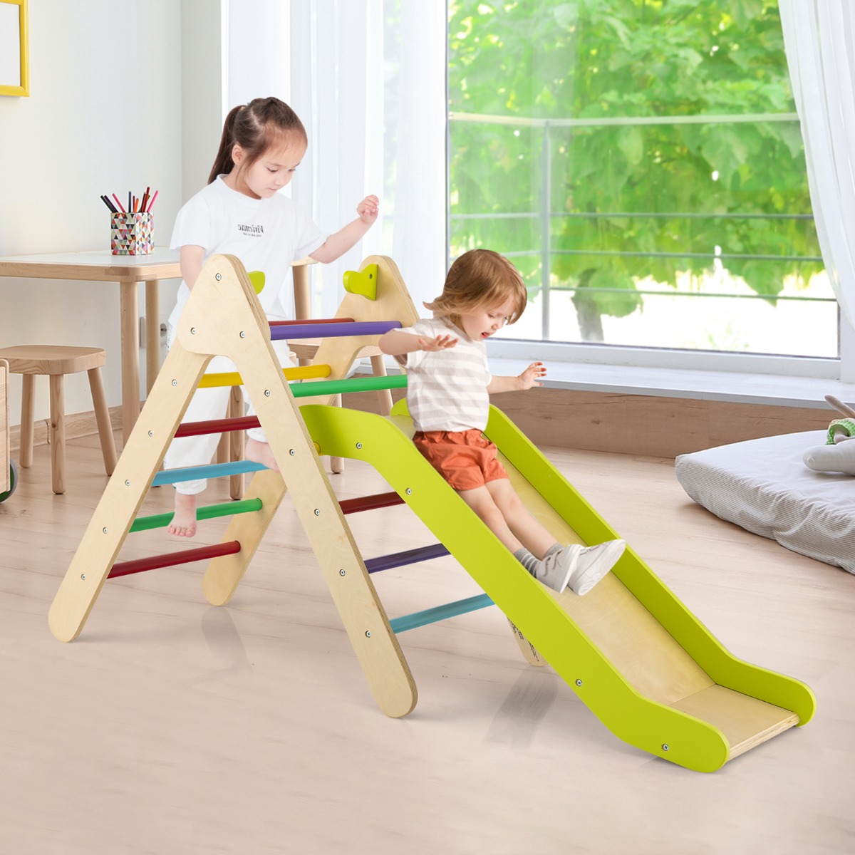 Klettergerüst mit Rutsche Kletterdreieck aus Holz Sprossendreieck zum Rutschen und Klettern 86,5 x 48 x 73,5 cm Bunt