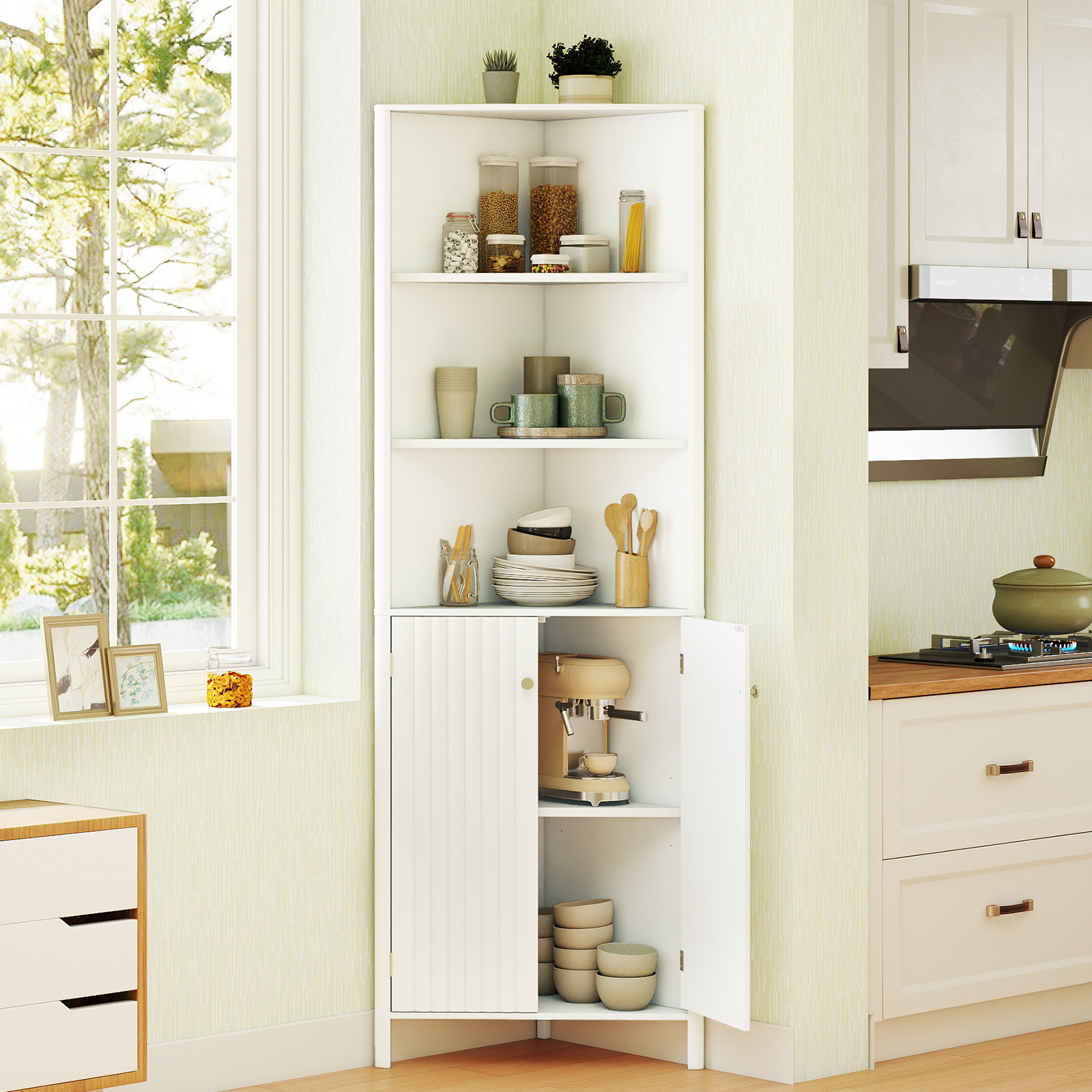 Dreieckiger Küchenschrank mit 2 Türen & 5 Ablagen Schmaler Eckschrank Hochschrank Weiß