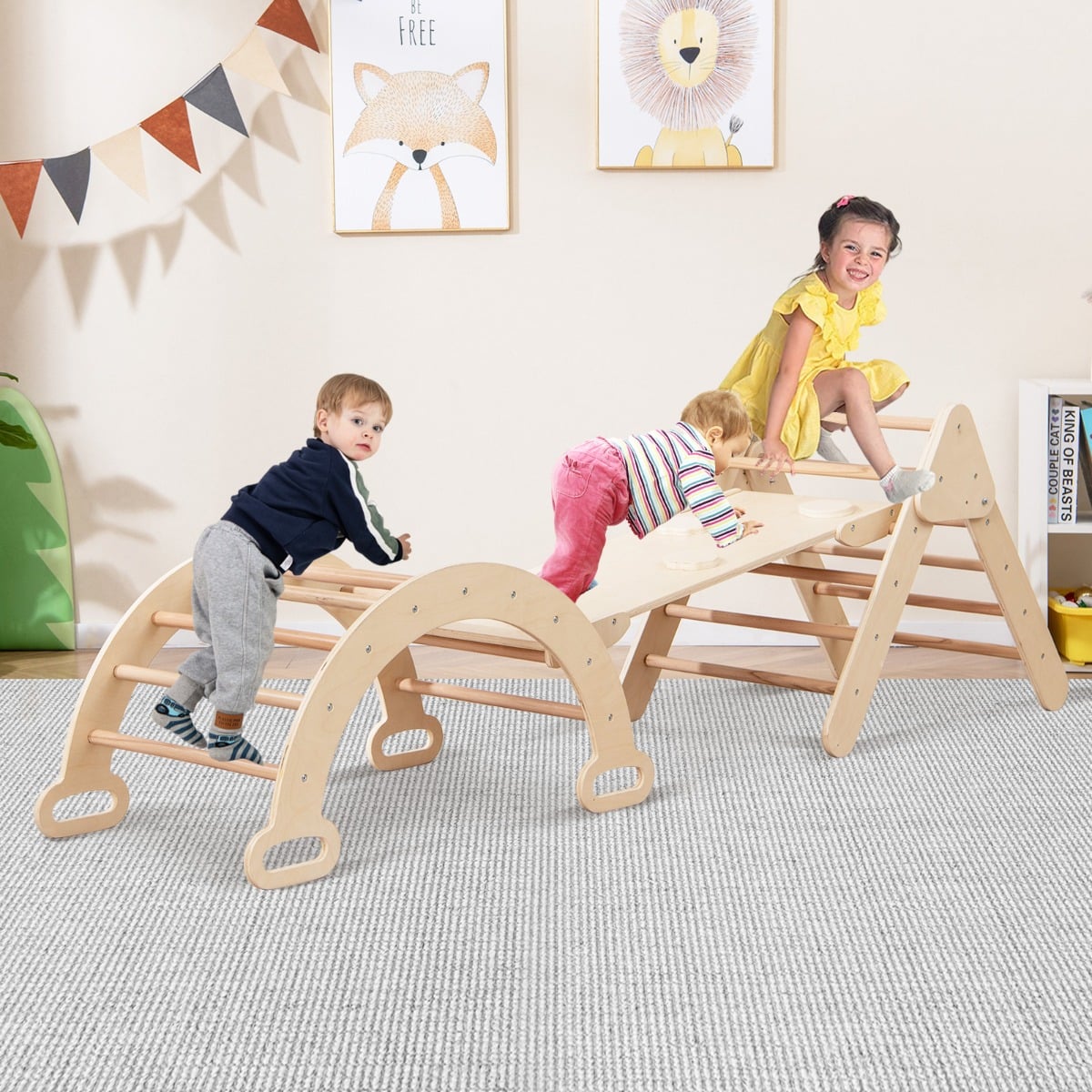 Dreieckiges Kletter-Spielzeugset aus Holz für Kleinkinder mit Kletterdreieck Indoor Natur