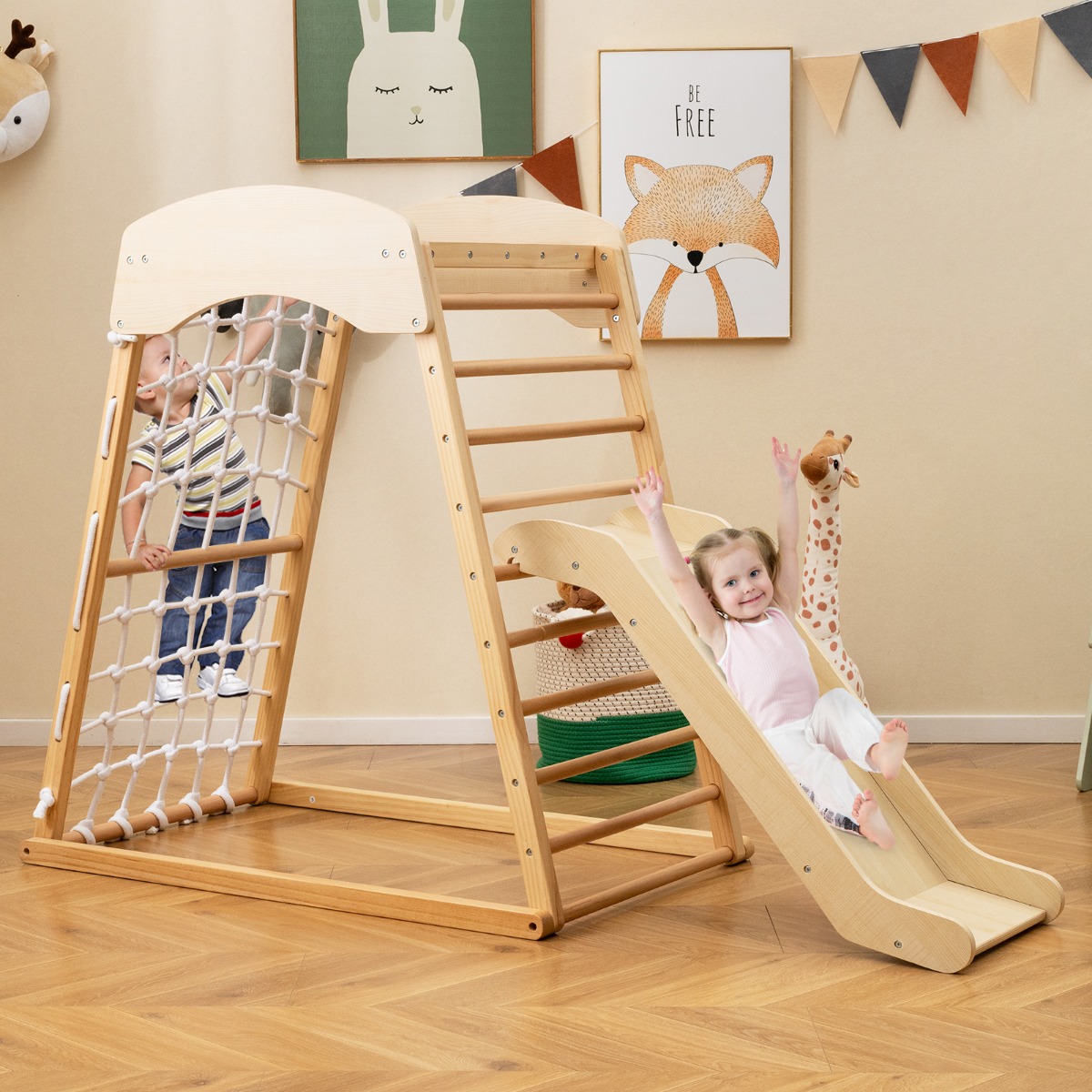 Klettergerüst Indoor 6 in 1 Pull Up Bar & Rutsche & Kletterfelsen & Kletternetz Natur