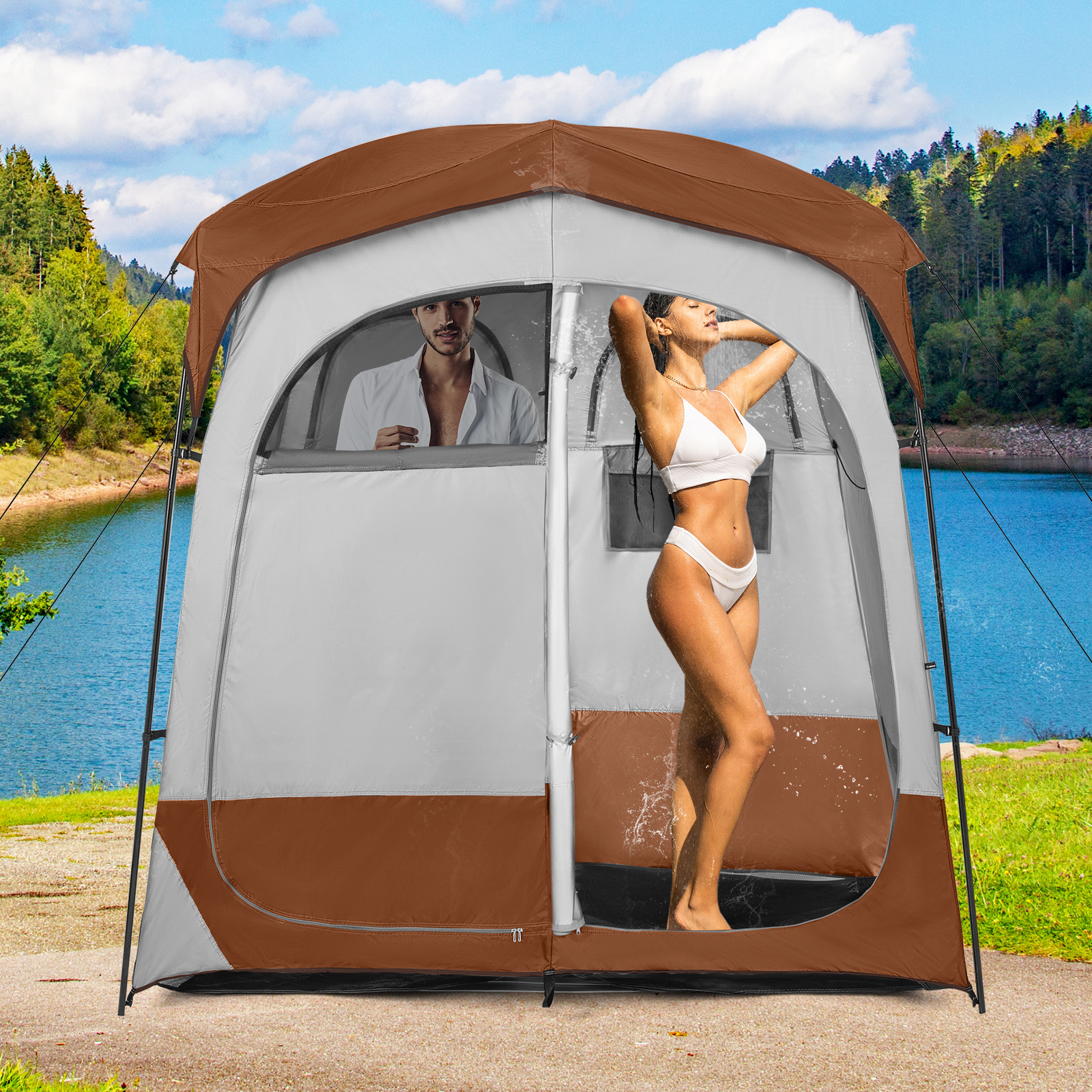Duschzelt mit 2 Räumen & Abnehmbarem Regenschutz & Innentasche Toilettenzelt Braun