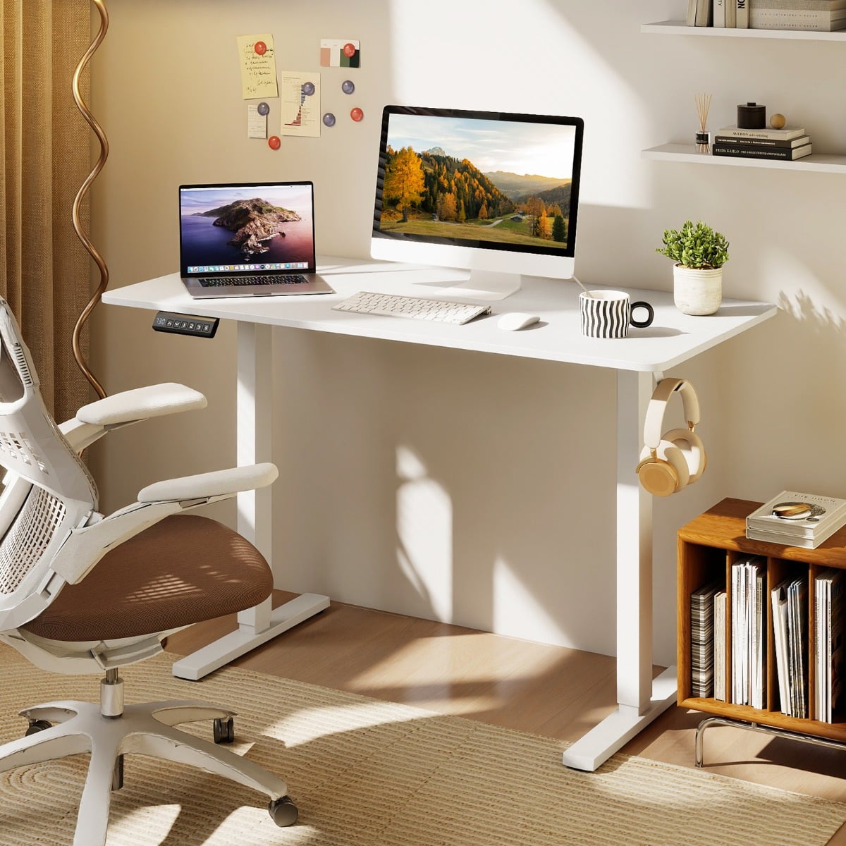 120 x 60 cm Höhenverstellbarer Schreibtisch mit Haken Elektrischer Stehschreibtisch Weiß