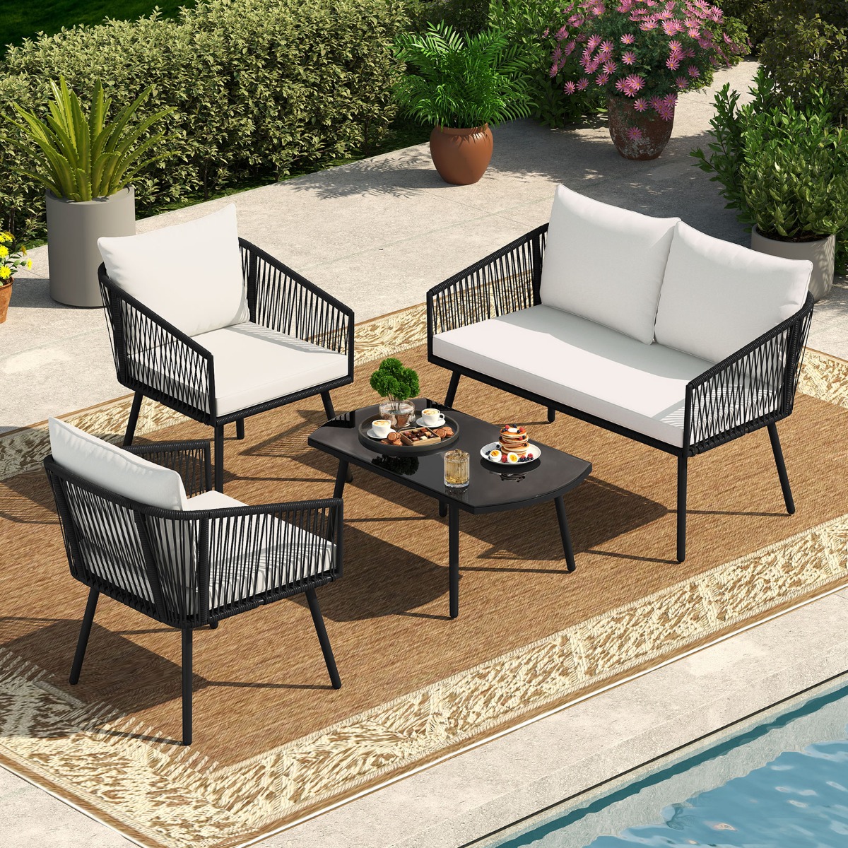 Rattan Gartenmöbel Set Balkonmöbel Set mit Sitz- und Rückenkissen Terrassenmöbel