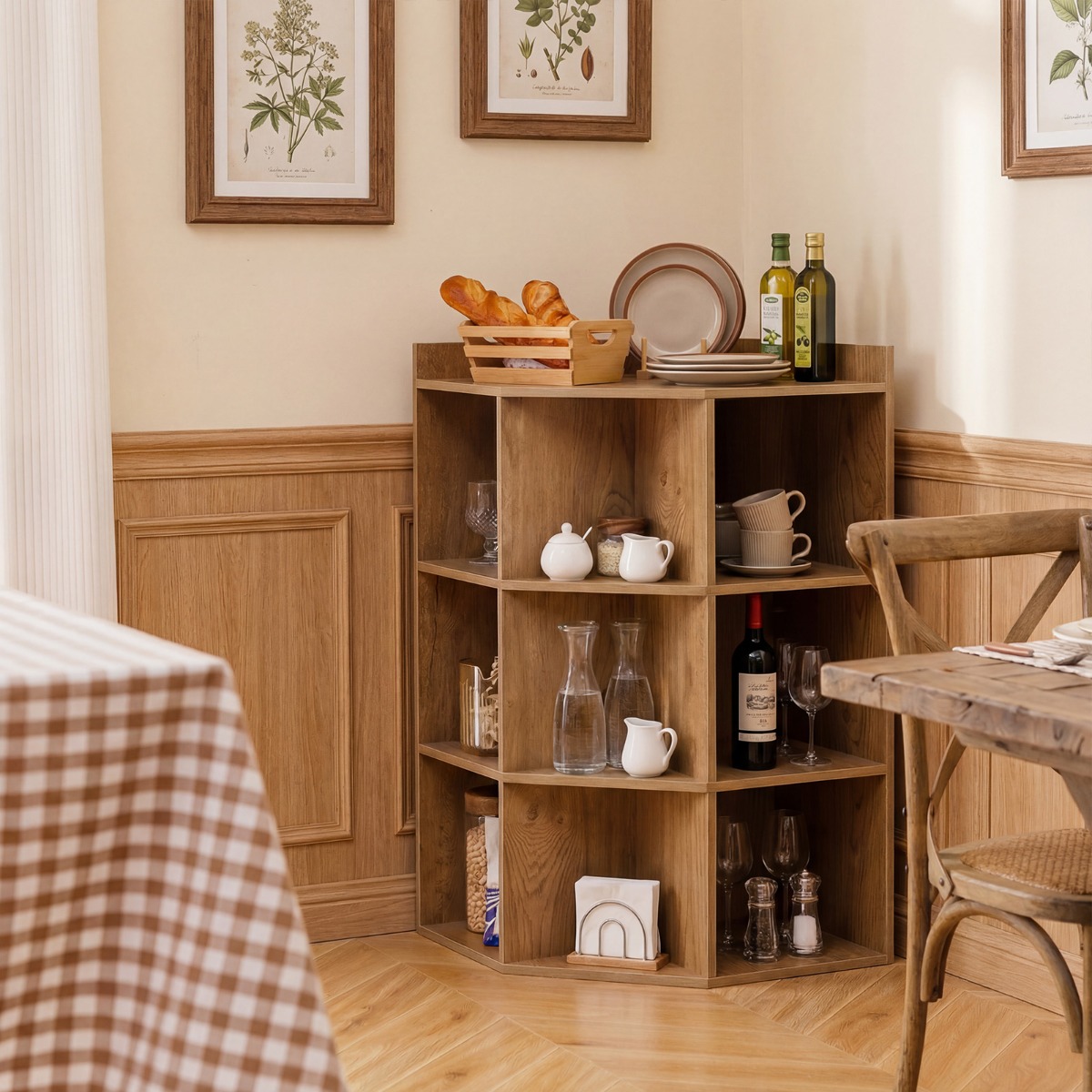 Eck-Bücherregal mit Ladestation Eckregal mit 9 Fächern & 2 USB-Anschlüssen & 4 Steckdosen Natur