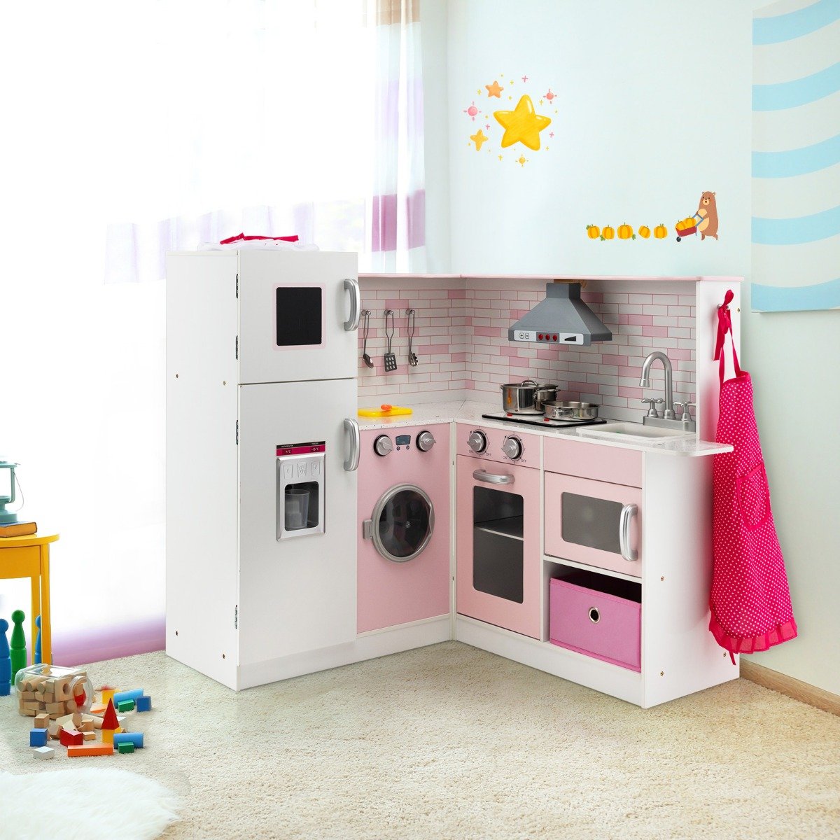 Eck Spielküche mit Sound und Licht Kinderküche aus Holz inkl. Schürze und Spielzubehör 85 x 84 x 85 cm Weiß + Rosa