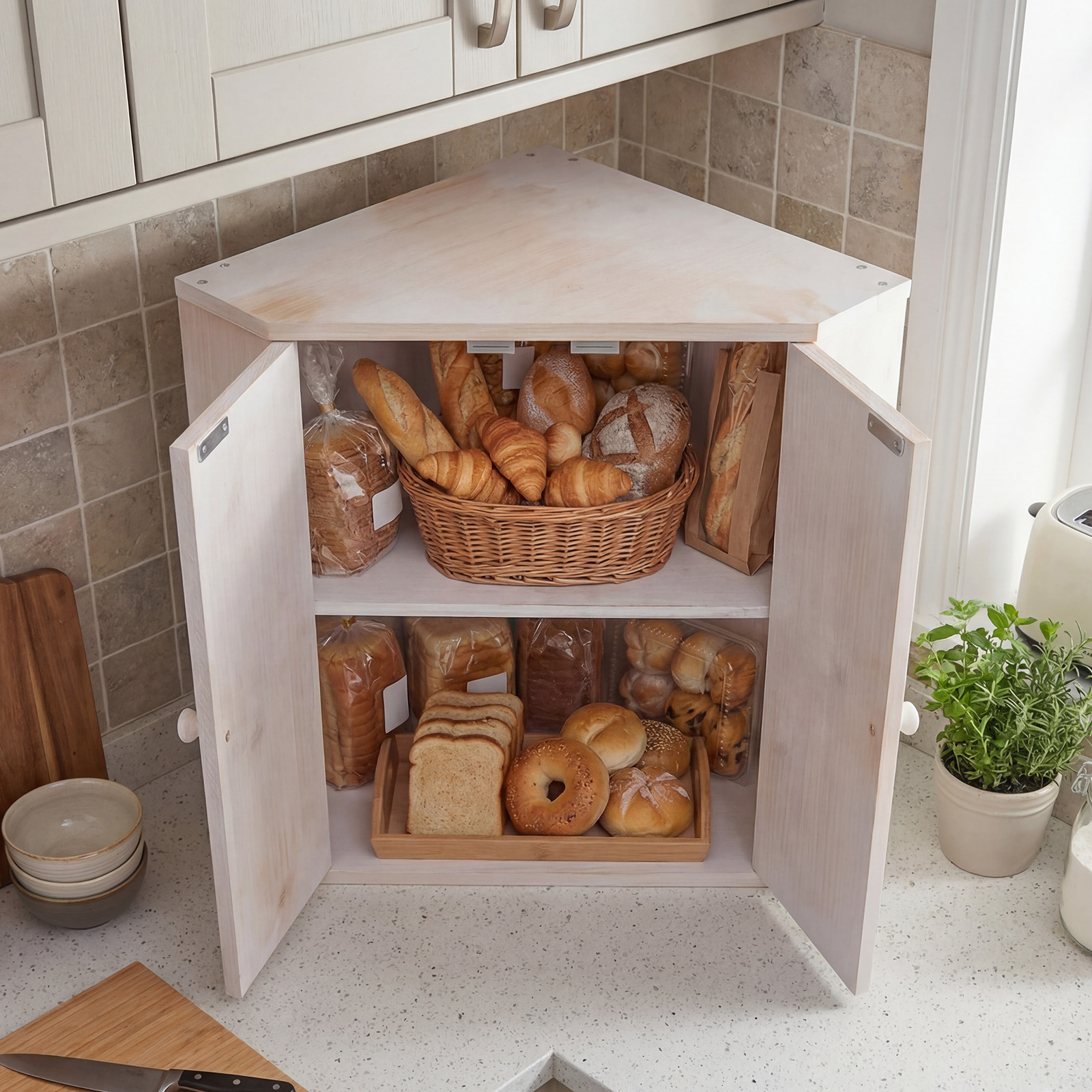 Bambus Brotkasten mit Verstellbarem Regal & 2 Türen 2 Etagen Eck Brotbox Brotbehälter Bread Box