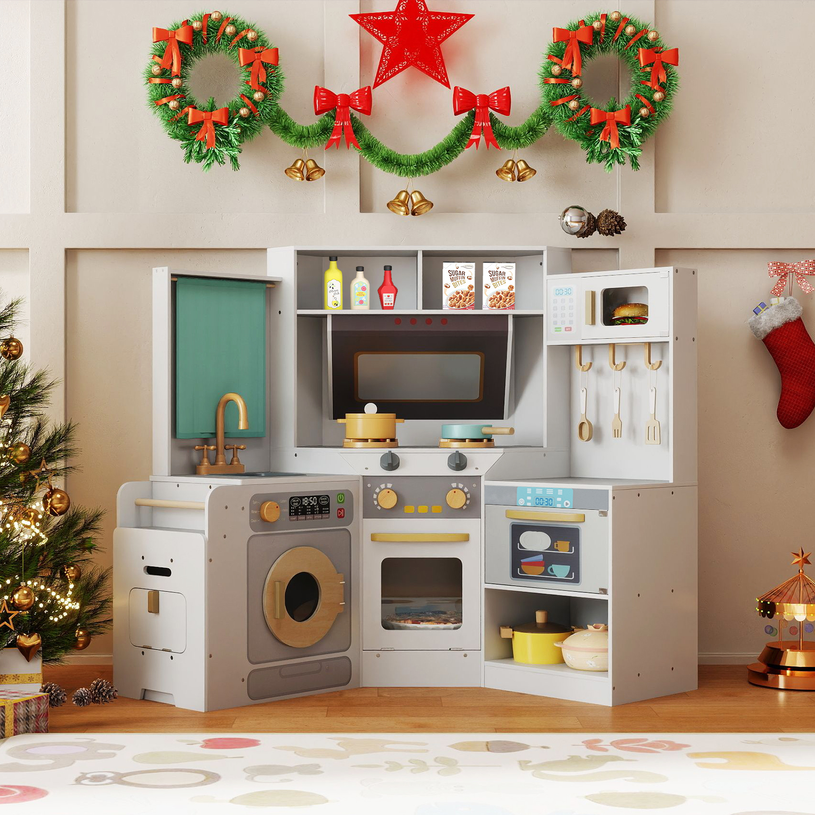 Eckküche mit Lichtern & Geräuschen Holzküche mit herausziehbarem Mülleimer Vorhang Spüle Herd Mikrowelle Grau