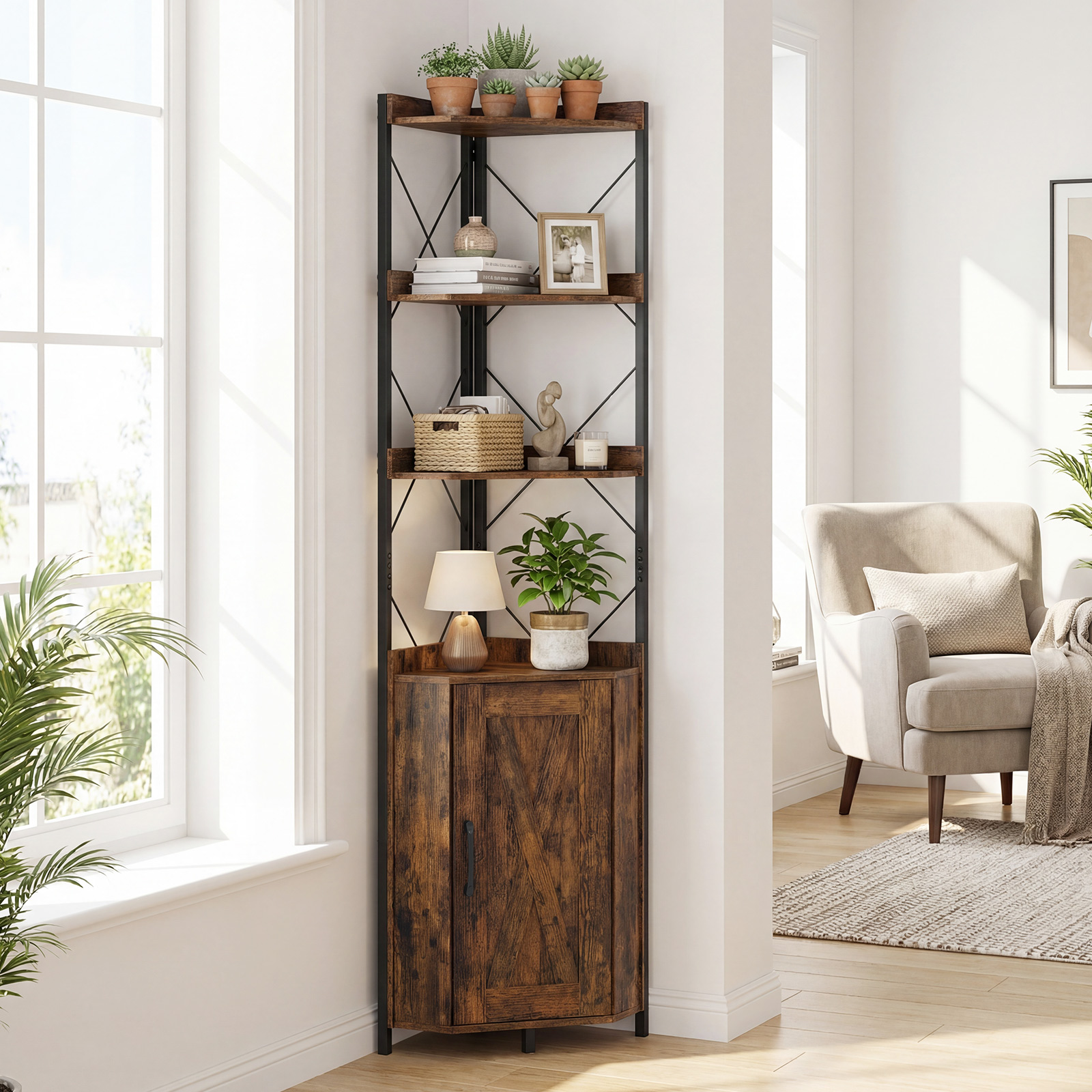 Eckregal mit Stauraum 180 cm hohes Eckschrank mit Absturzsicherungen 5-stöckiges Bücherregal Rustikales Braun