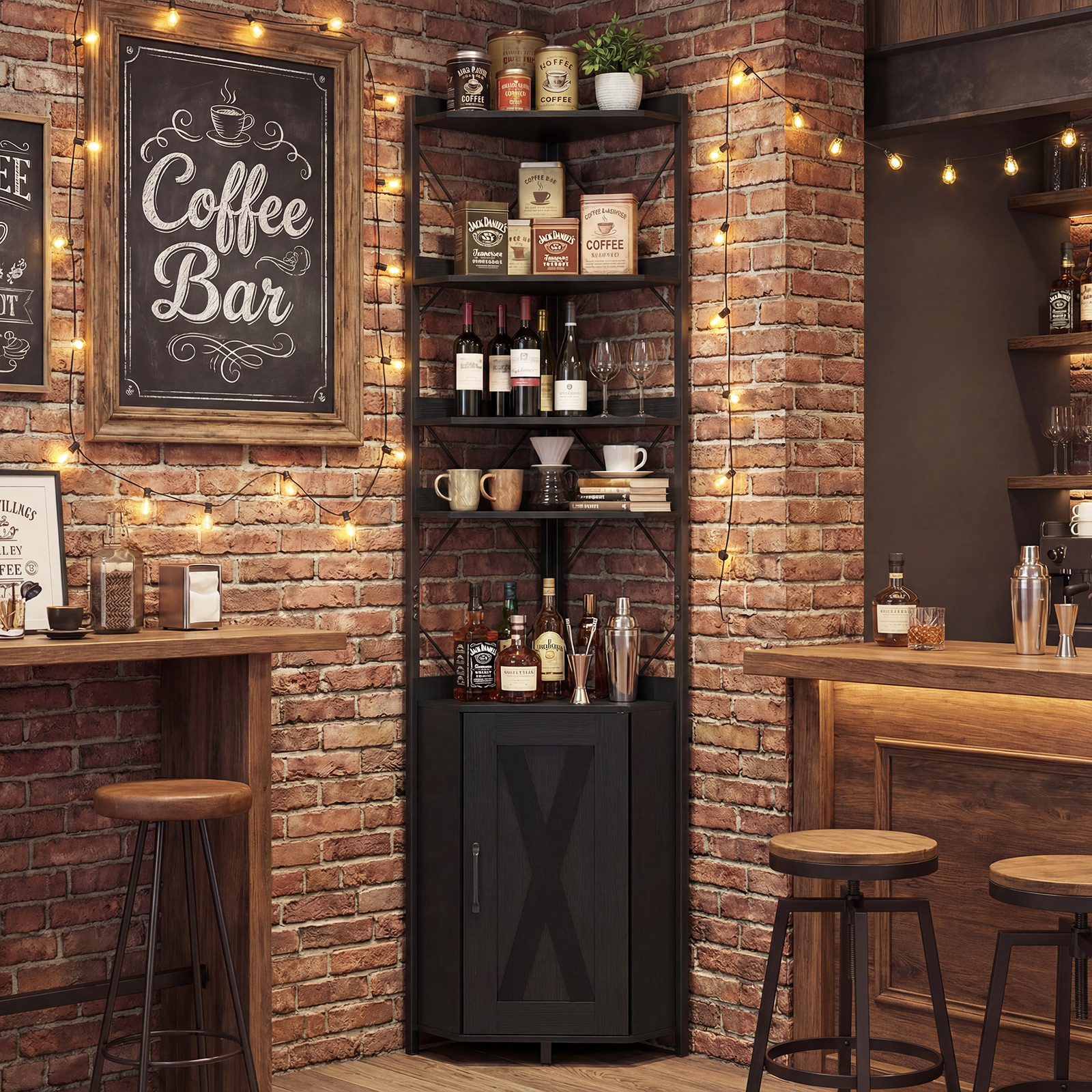 Eckregal mit Stauraum 180 cm hohes Eckschrank mit Absturzsicherungen 5-stöckiges freistehendes Bücherregal Schwarz