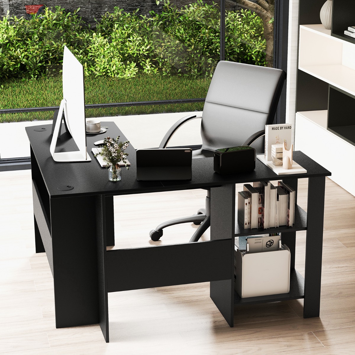 L-Form Schreibtisch mit 2 Kabellöchern & Ablagefächern Eckschreibtisch 130 x 130 x 74 cm Schwarz