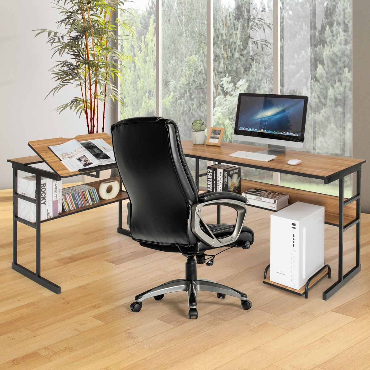L-förmiger Schreibtisch mit neigbarer Tischplatte unterem Bücherregal & CPU-Ständer Zeichentisch Computertisch 170 x 150 x 75 cm Walnuss