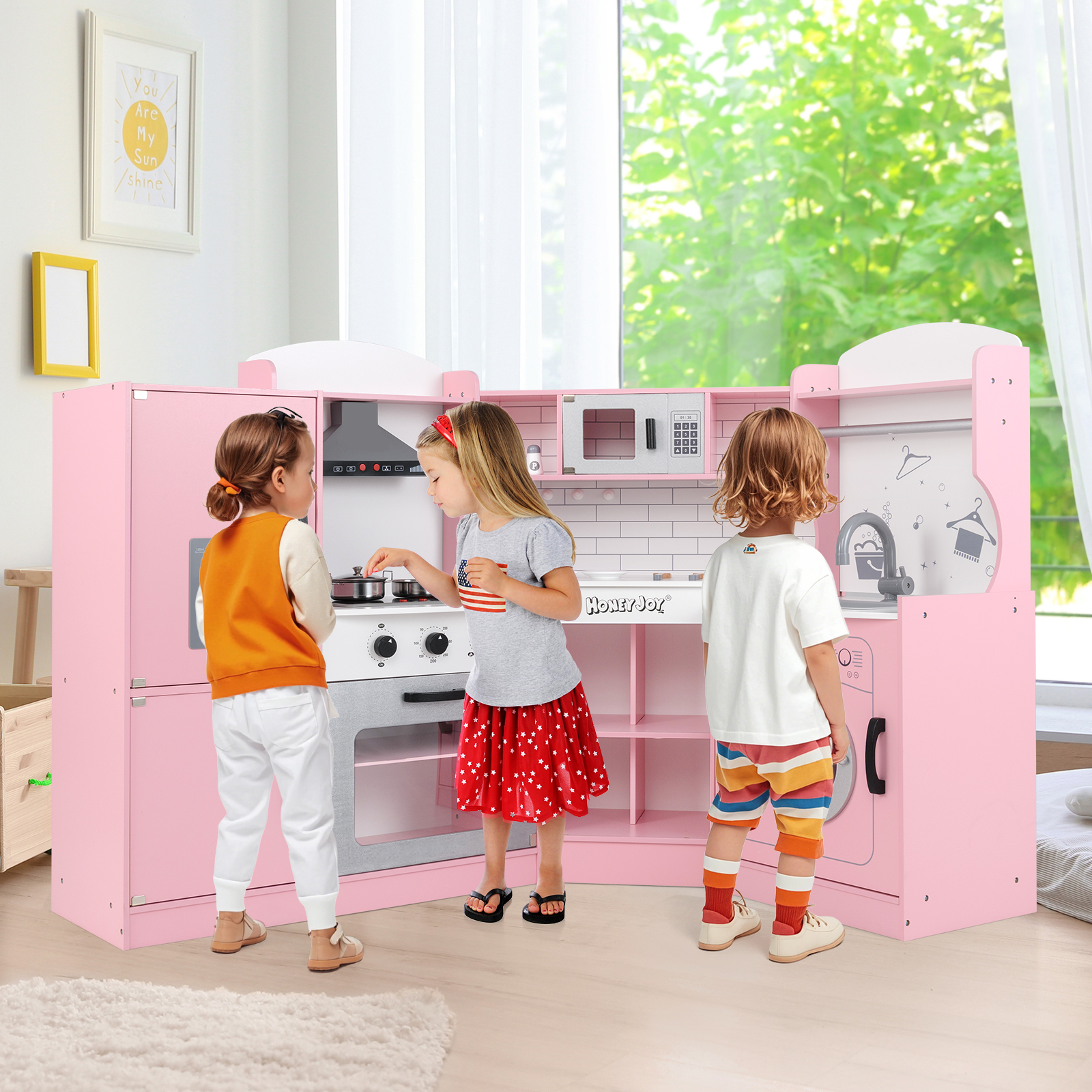 Eckspielküche Küchen-Spielset mit Dunstabzugshaube Eismaschine Mikrowelle Backofen Waschmaschine Rosa