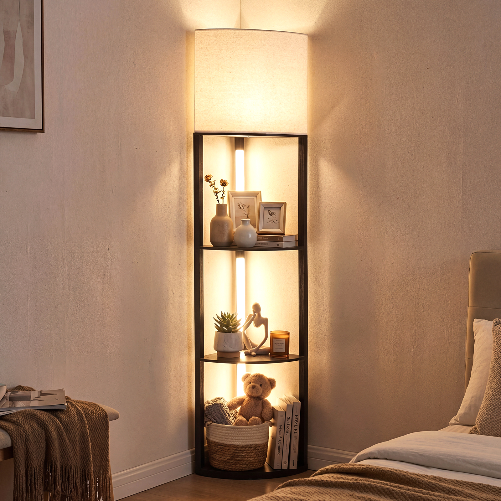 Eck-Stehlampe mit Regalen 3-stufiges Display-Regal mit dimmbaren LED-Leuchten Schwarz