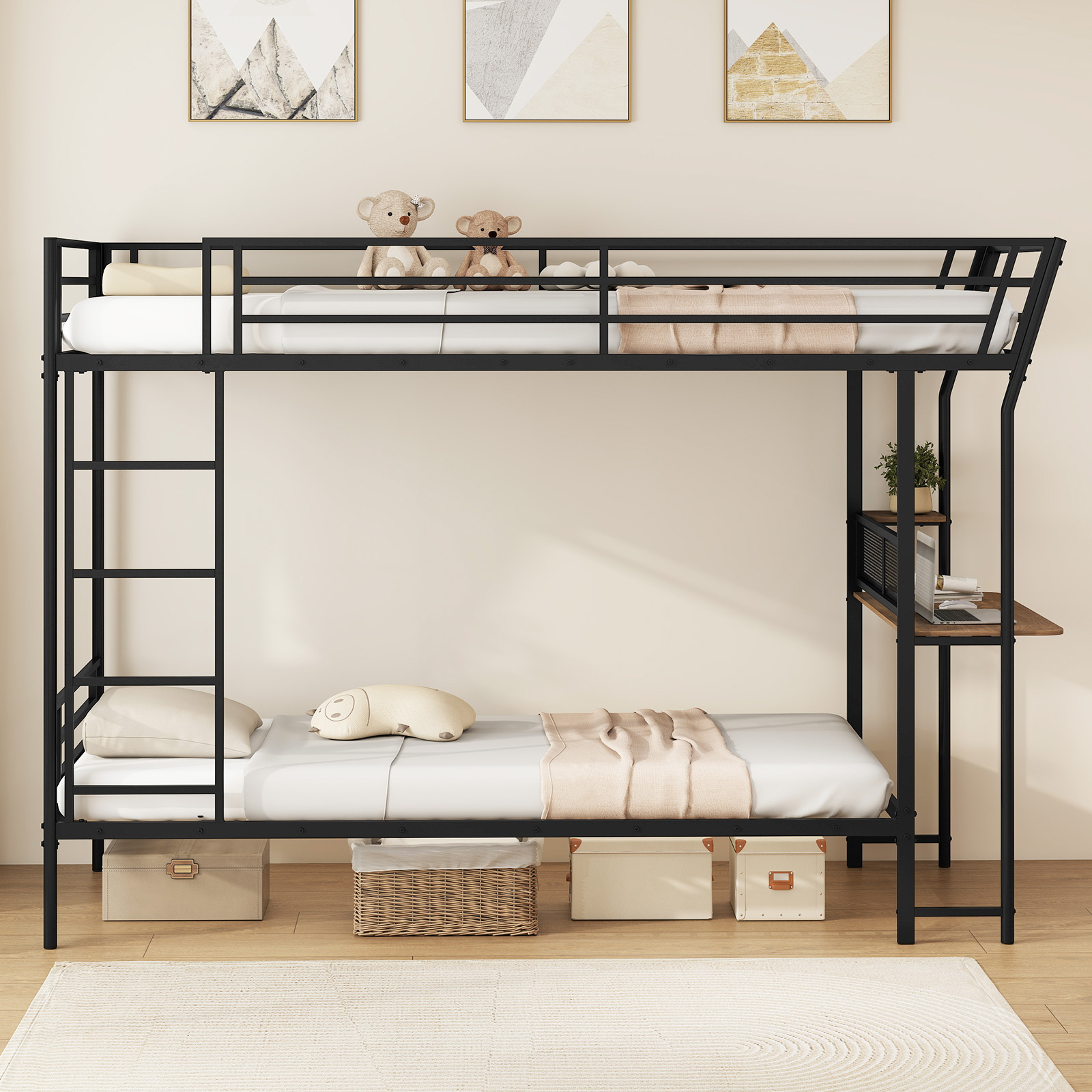 Einzel-Etagenbett mit Schreibtisch Metallloftbett mit Holz-Arbeitsstation Sicherheitsgeländer & Leiter inklusive