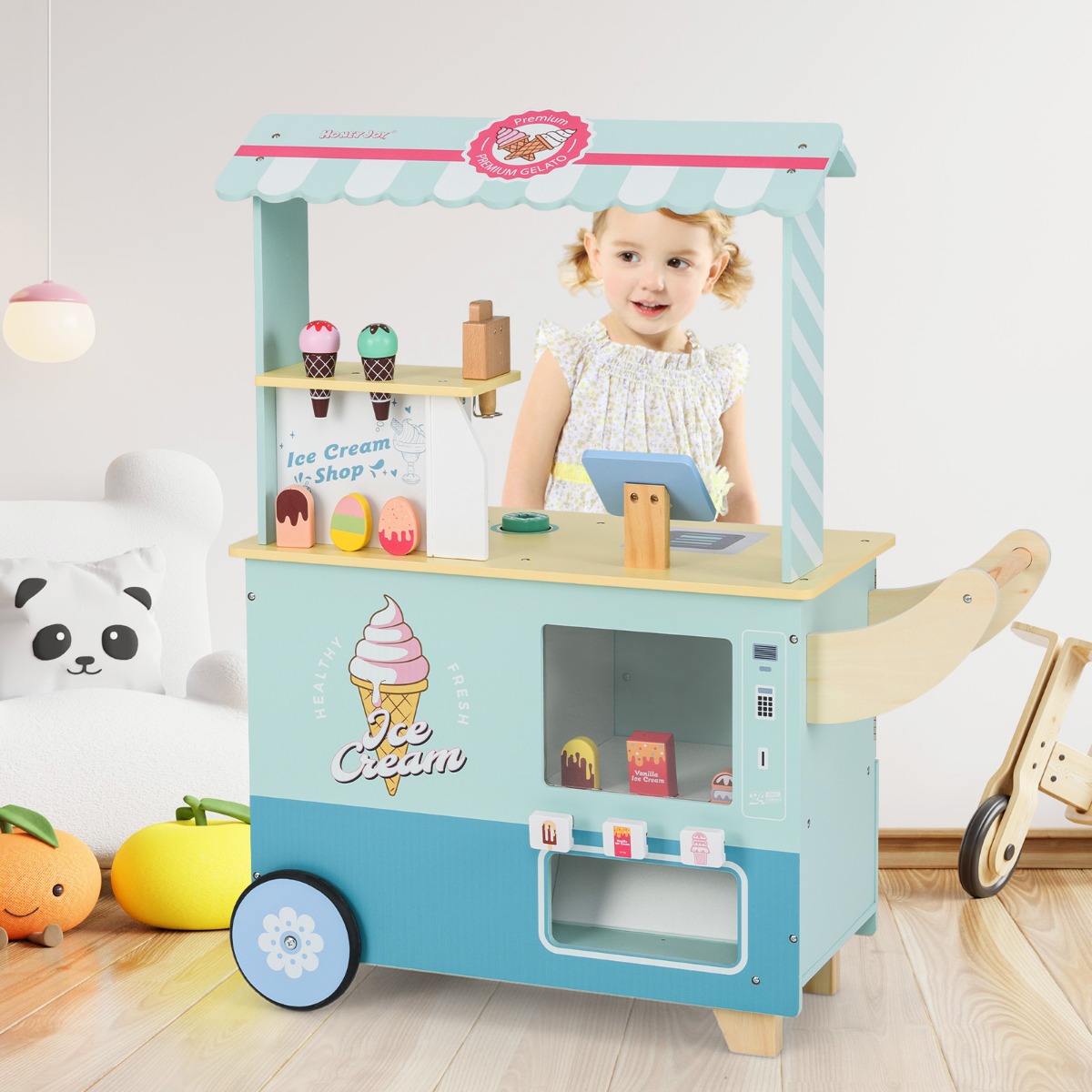 Eiswagen Kinder mit Eiscreme Spielzeug Kaufladen Holz mit Eismaschine Grün