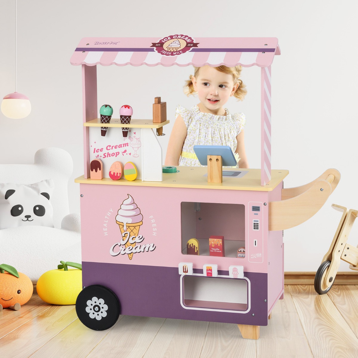 Eiswagen Kinder mit Eiscreme Spielzeug Kaufladen Holz mit Eismaschine Rosa