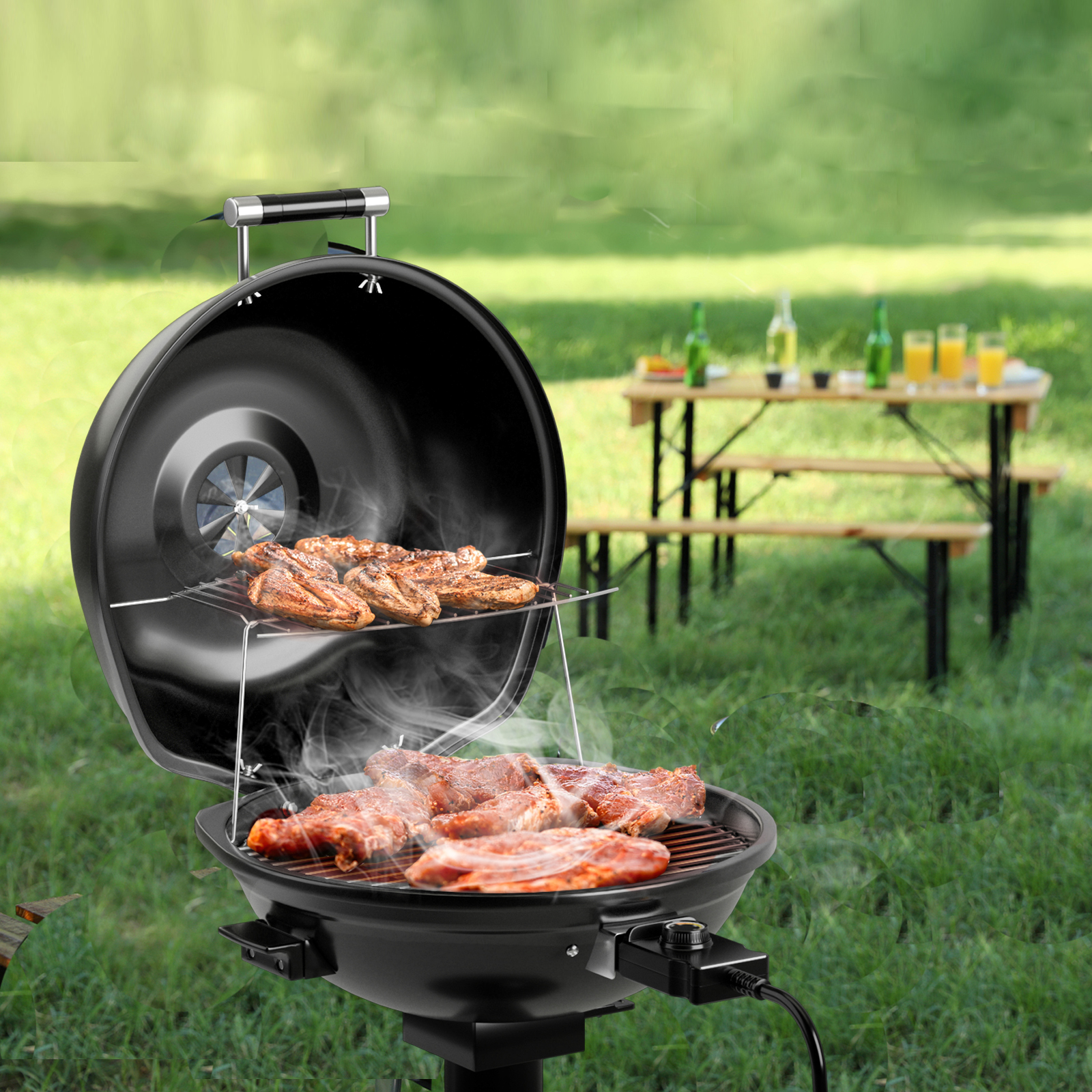Elektrischer BBQ-Grill tragbarer Standgrill mit abnehmbarem antihaftbeschichtetem Warmhaltegitter Schwarz