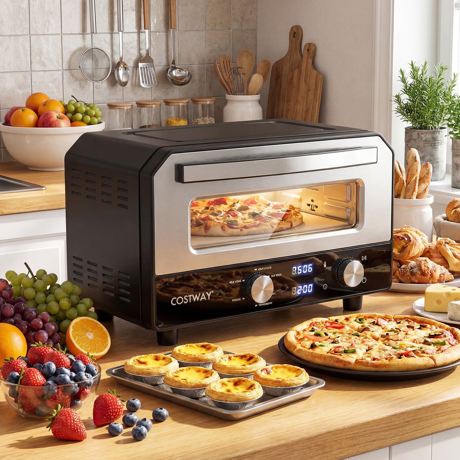 Elektrischer Indoor-Pizzaofen Tisch-Pizzaofen für 30 cm Pizzen mit 6 Voreinstellungen Schwarz