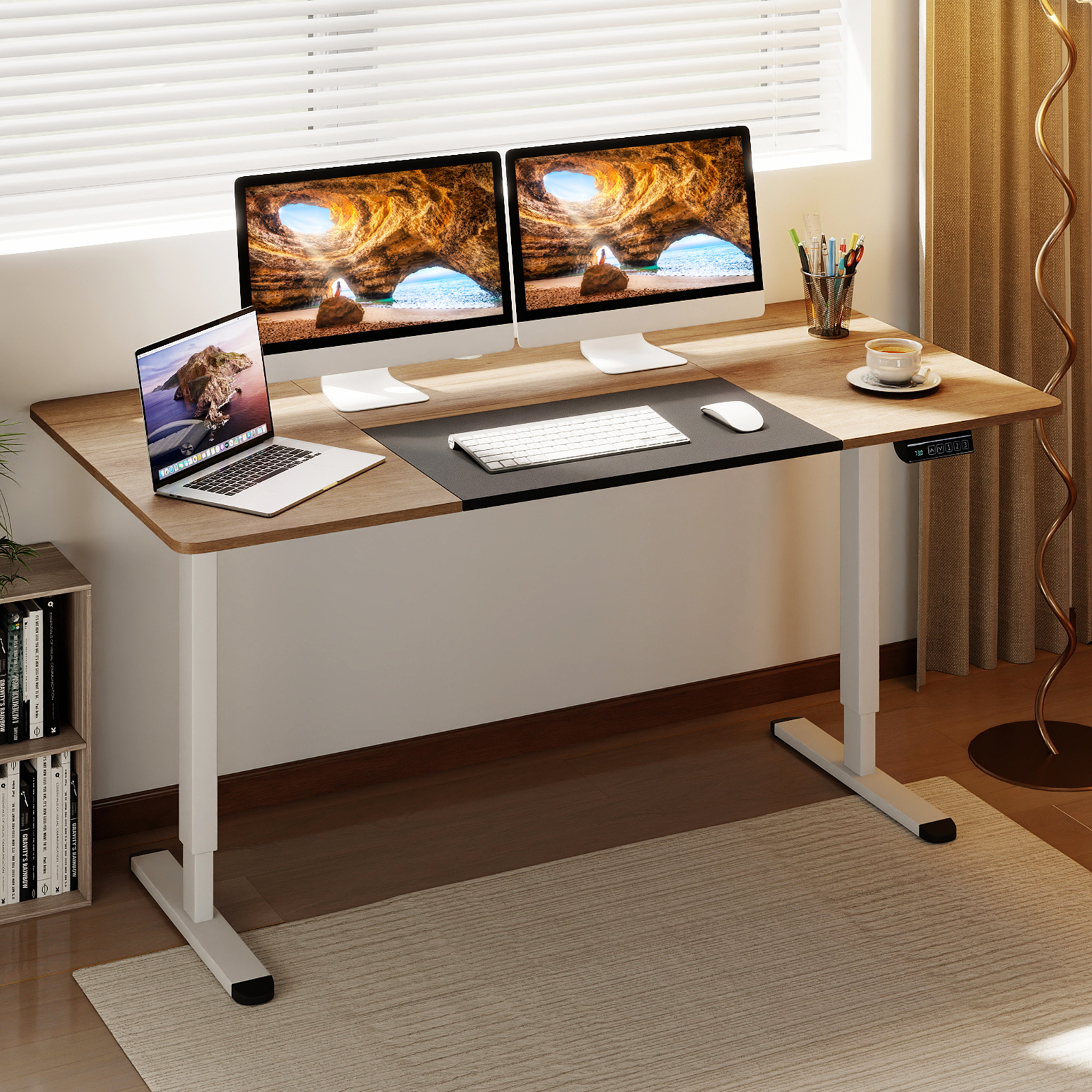 Elektrischer Stehschreibtisch 140 x 70 cm höhenverstellbarer Schreibtisch ergonomischer Sitz-Steh-Schreibtisch Beige