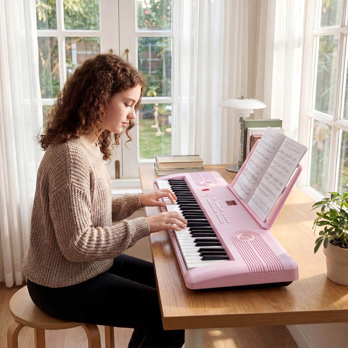 61 Tasten Piano Keyboard mit Ständer & Mikrofon & Tragetasche Digital Piano E-Piano Rosa