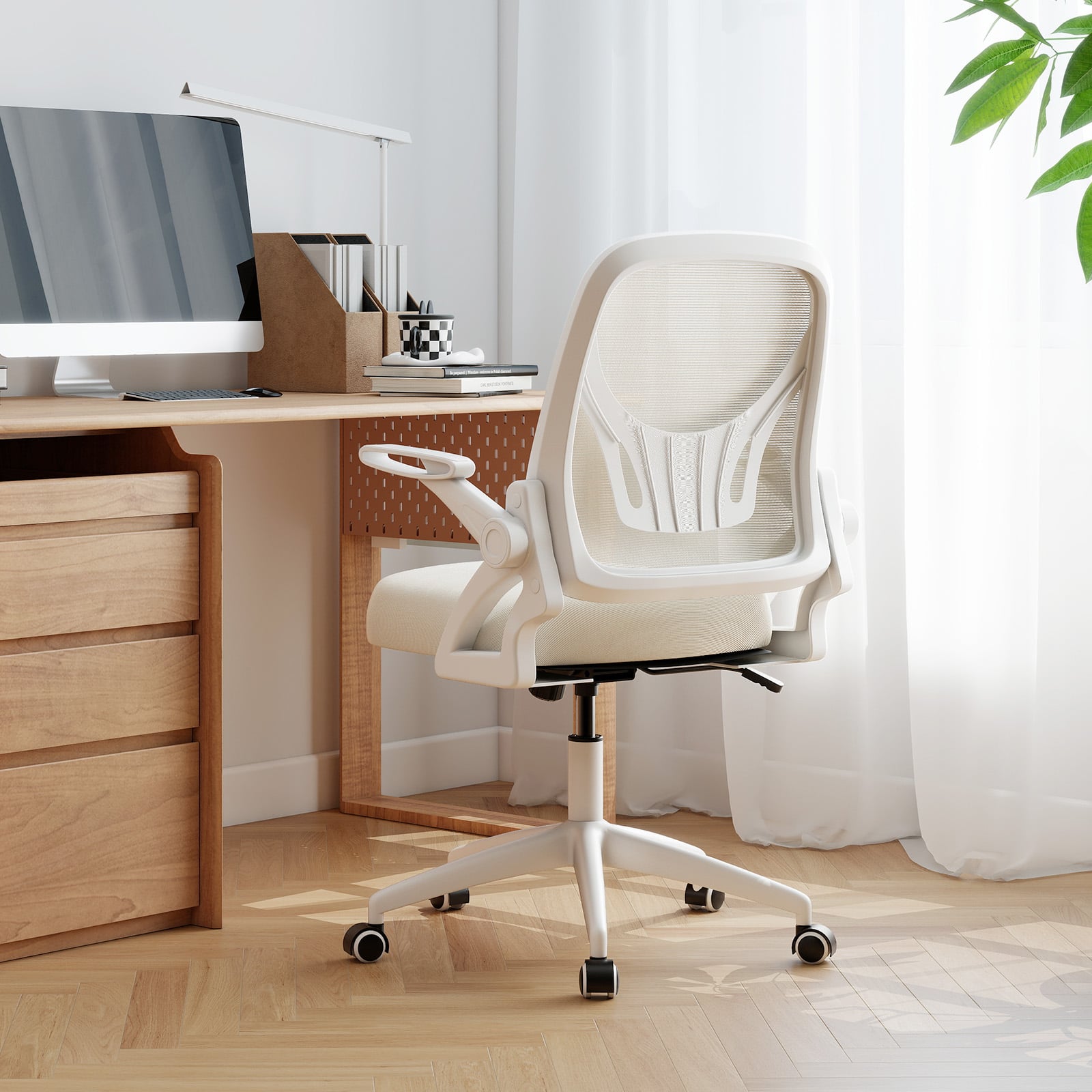 Ergonomischer Bürostuhl mit Hochklappbaren Armlehnen & Wippfunktion Computerstuhl Beige