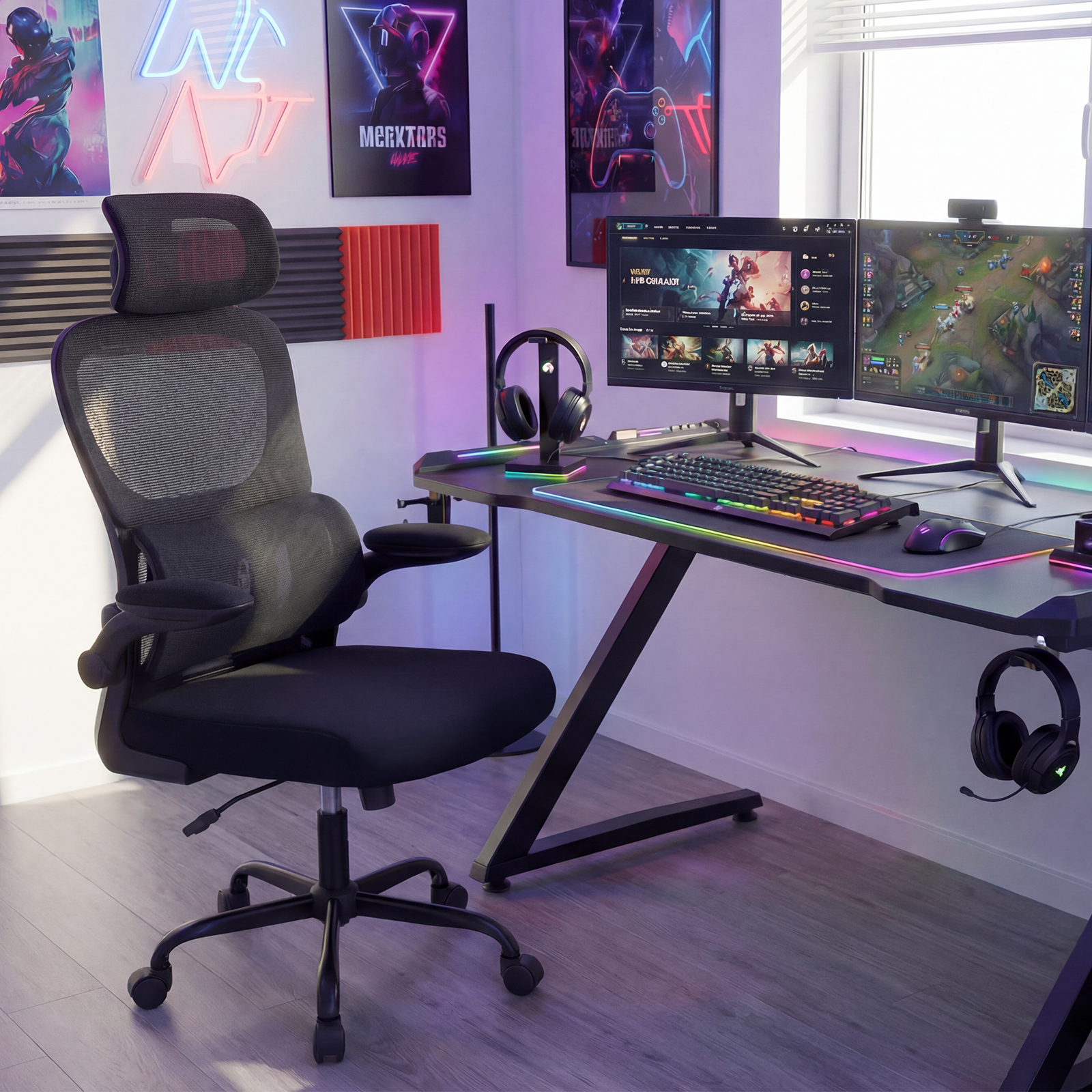 Ergonomischer Bürostuhl Schreibtischstuhl mit Lendenstütze Verstellbare Kopfstütze Schwarz