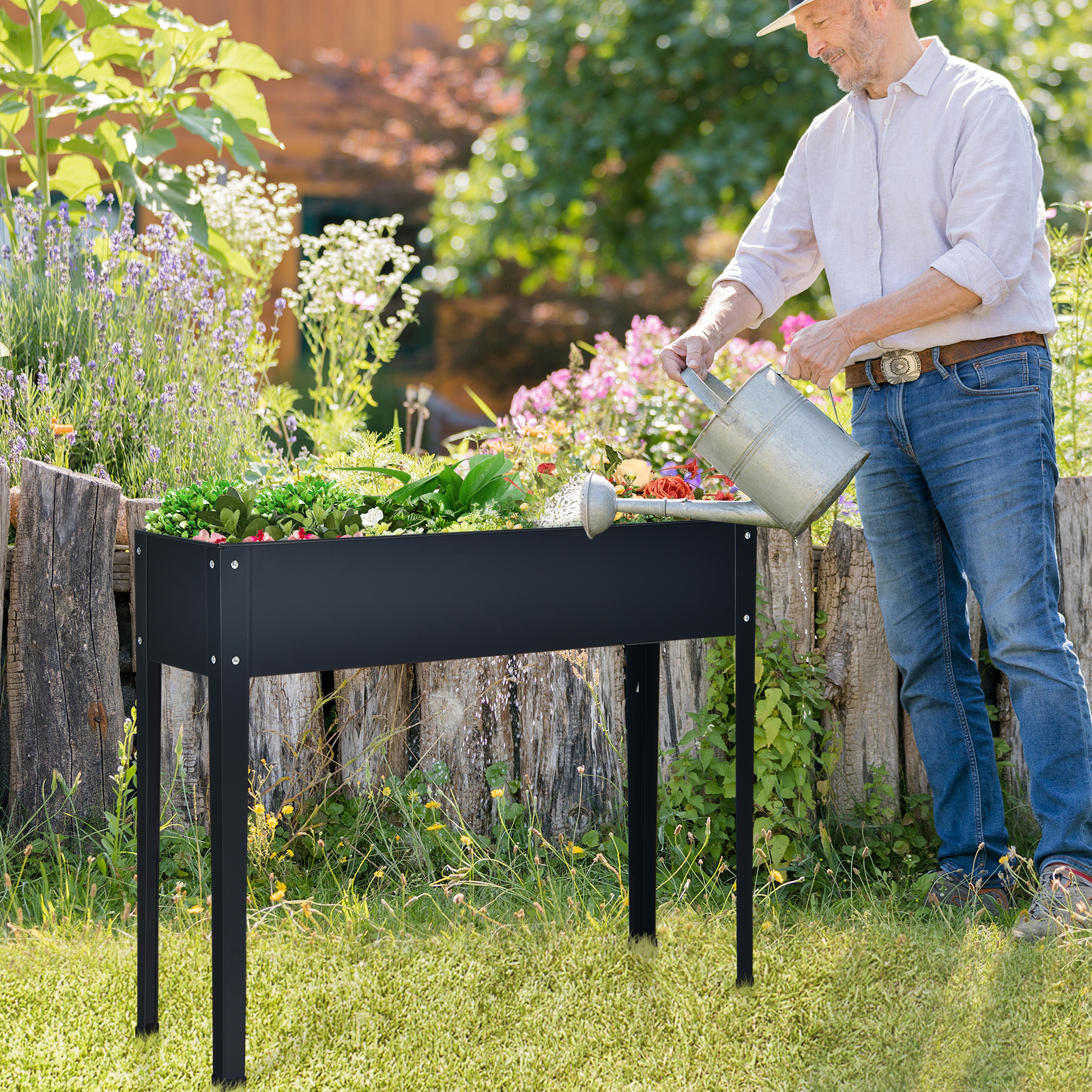 Erhöhter Pflanzkasten mit 2 Drainagelöchern Metall Hochbeet Pflanzkasten Grau