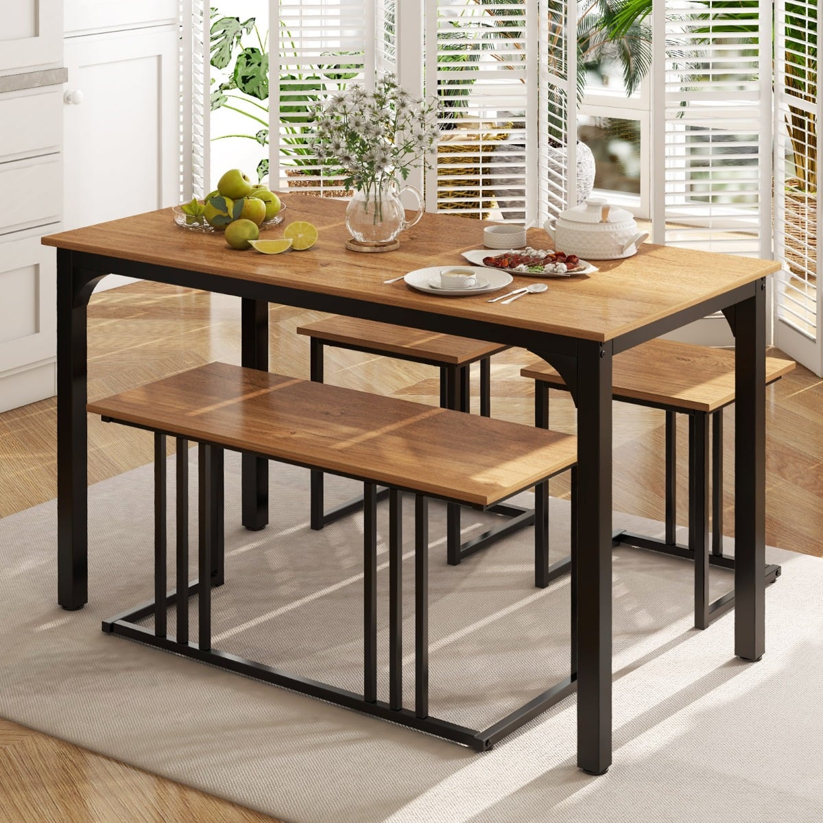 Esstisch mit Bank & 2 Hockern 4er Set Küchentisch industrielle Essgruppe für Küche 120 x 60 x 75 cm Natur