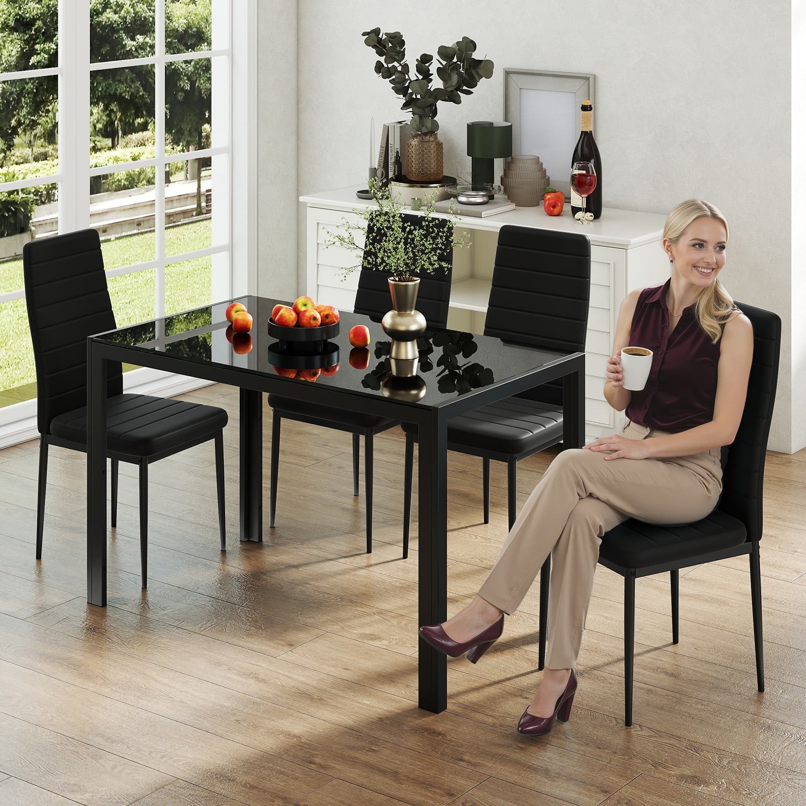 Esstisch Glas Küchentisch für 4 Personen Esszimmertisch mit Metallrahmen quadratischer Tisch Küchenmöbel für Esszimmer 120 x 70 x 75 cm Schwarz