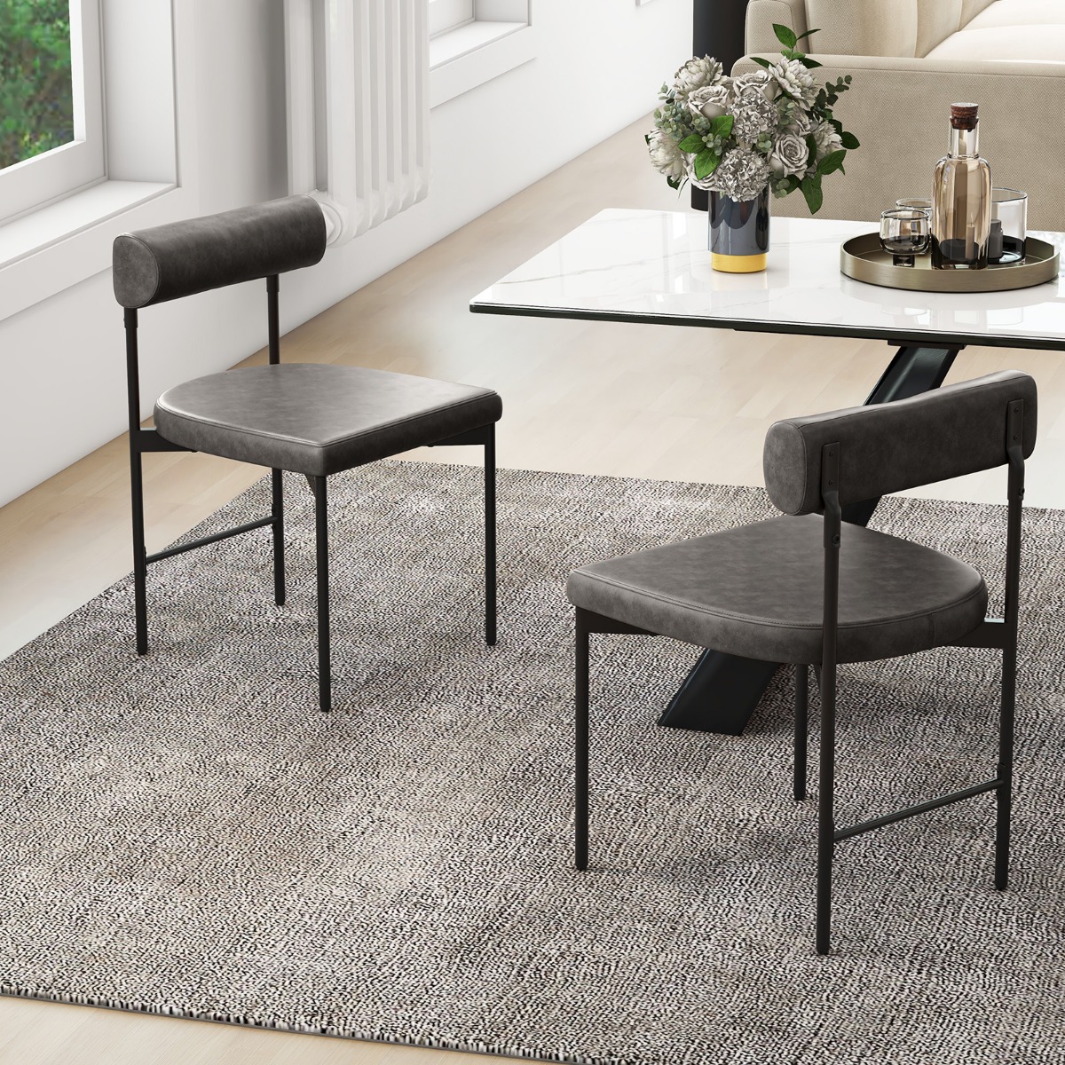 2er Set Esszimmerstuhl Küchenstuhl aus PVC-Leder mit gepolsterter Rückenlehne Grau