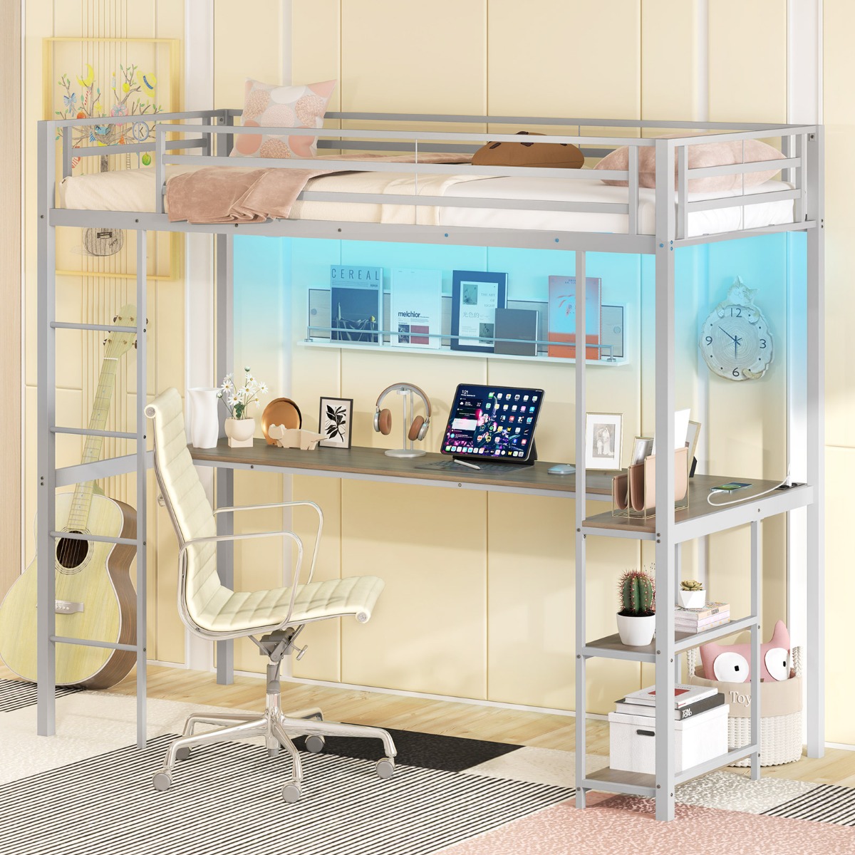 Hochbett mit Schreibtisch & LED-Beleuchtung & Ladestation & Stauraum Etagenbett Hochbettrahmen Silber