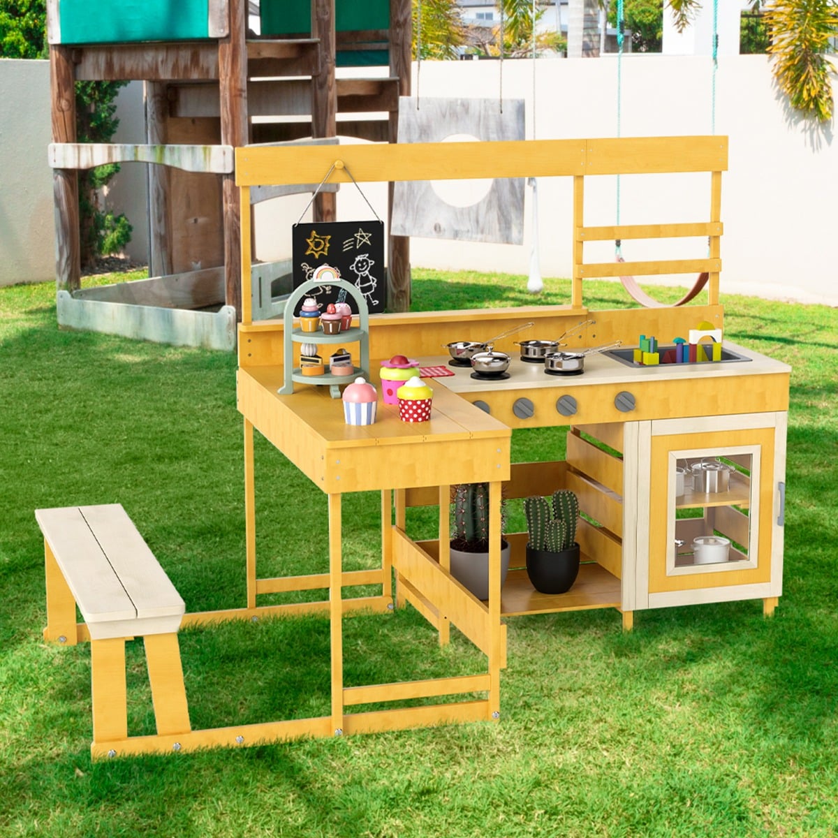 Matschküche mit Picknicktisch für Kinder Spielküche aus Tannenholz mit eingebauter Bank Natur