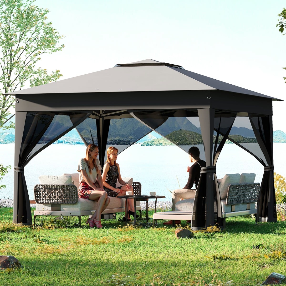 3,4 x 3,4 m Pop Up Faltpavillon mit 4 Moskitonetz & Doppeldach Gartenpavillon inkl. Tragetasche Grau