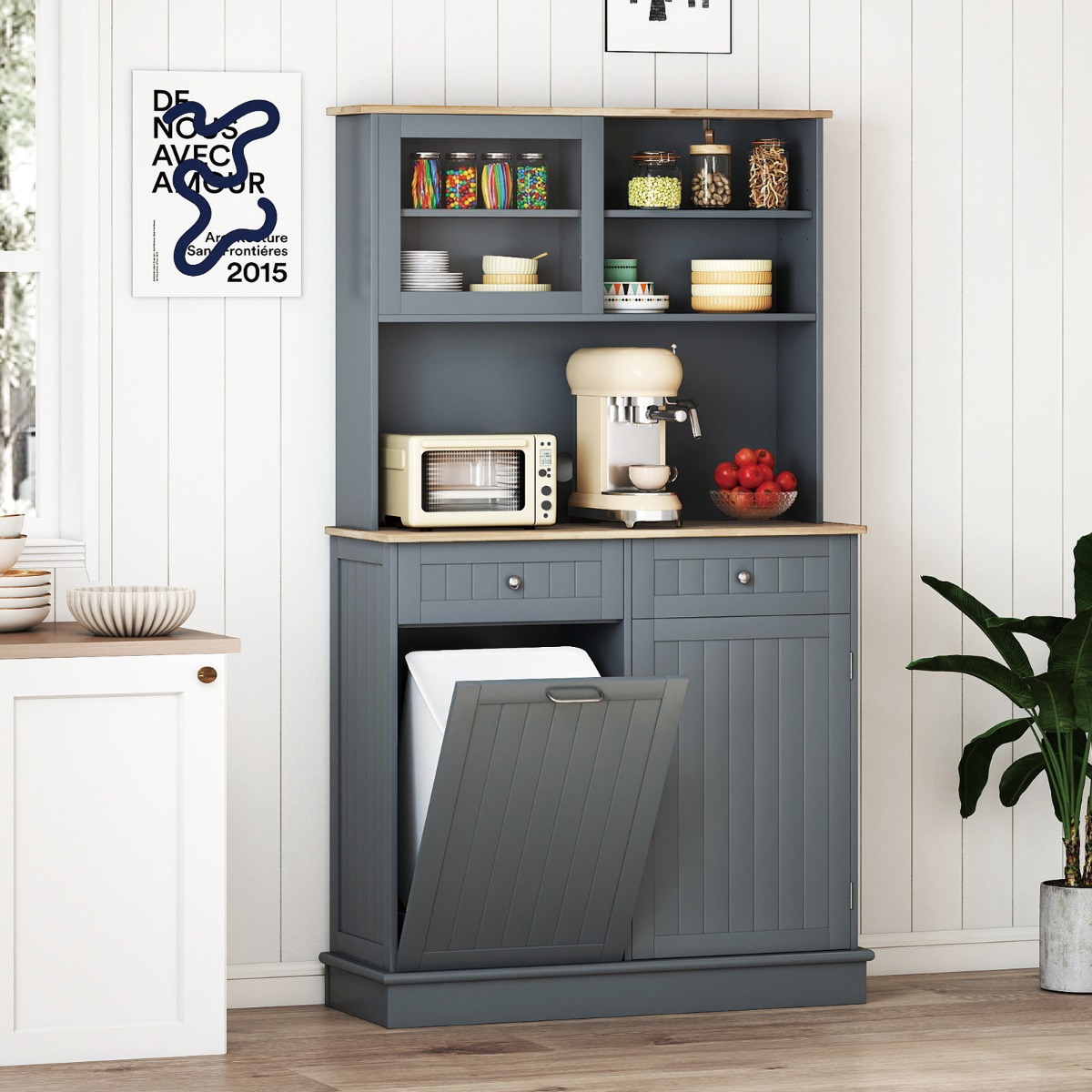 Küchenschrank für 45 L Mülleimer mit 2 Schubladen & Verstellbaren Einlegeböden Buffetschrank Grau