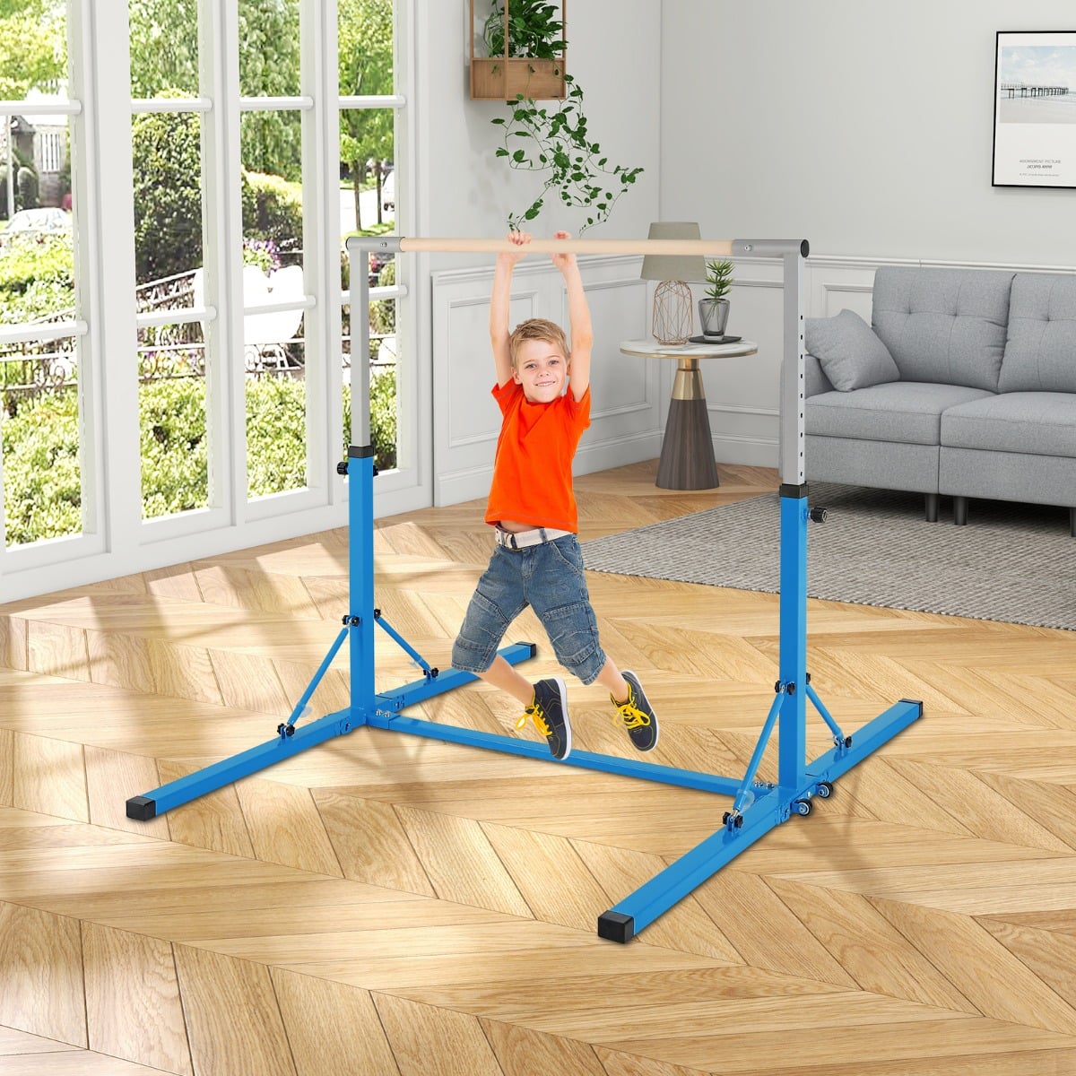 Faltbare Turnstange für Kinder Wackelfreies Heim-Fitnessgerät 136 x 172 x (90-150) cm Blau
